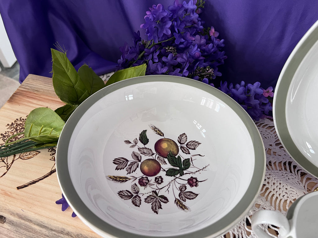 Vintage Alfred Meakin Hereford Ironstone 14 -Piece Set | Harvest Fruit & Sage Green Rim  | Two Serving Bowls, Platter, Cream, Sugar