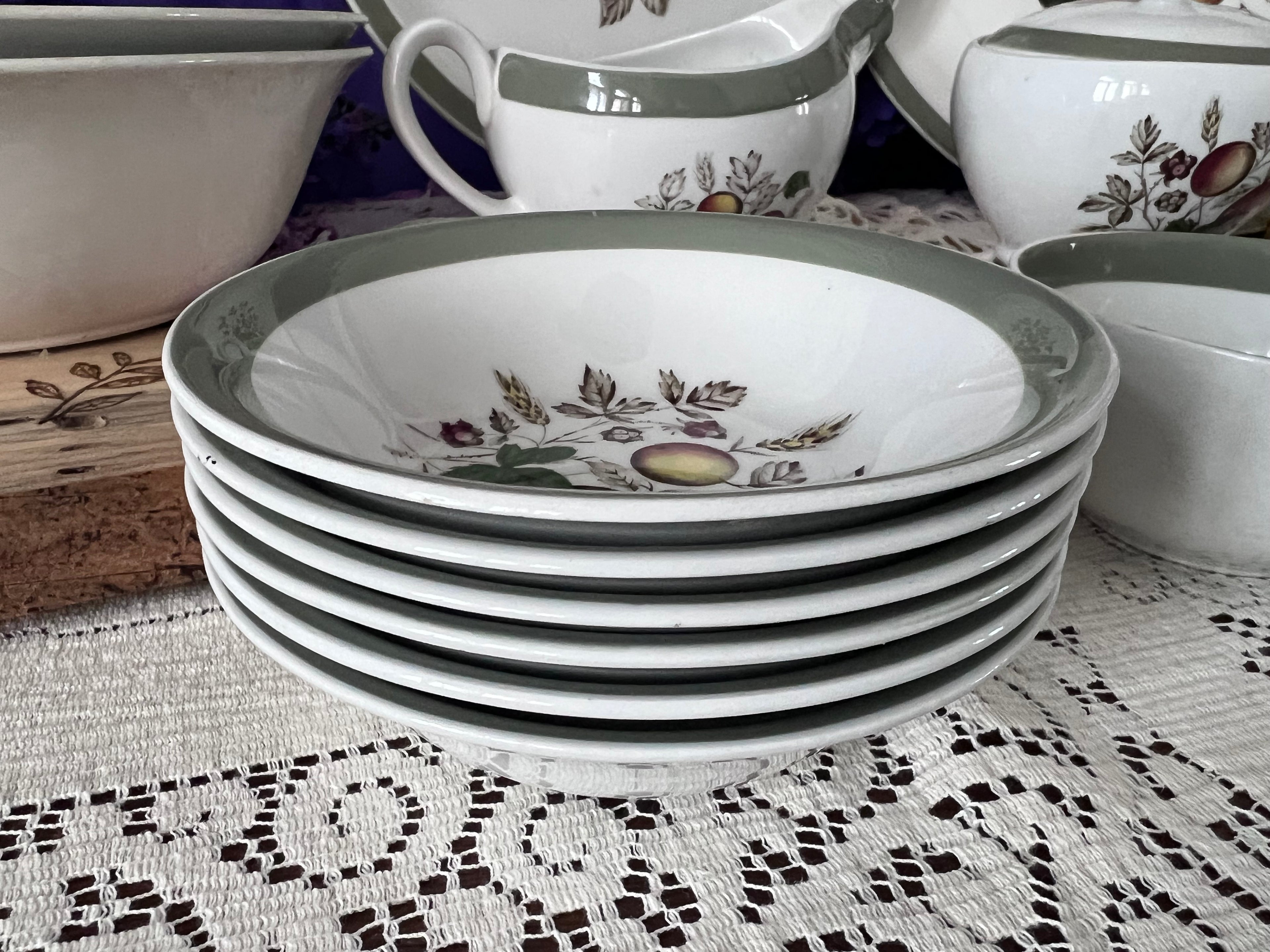 Vintage Alfred Meakin Hereford Ironstone 14 -Piece Set | Harvest Fruit & Sage Green Rim  | Two Serving Bowls, Platter, Cream, Sugar