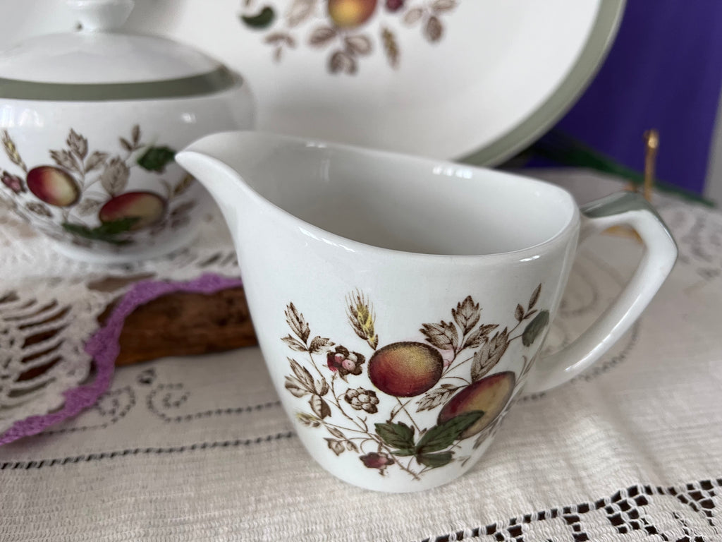 Vintage Alfred Meakin Hereford Ironstone 14 -Piece Set | Harvest Fruit & Sage Green Rim  | Two Serving Bowls, Platter, Cream, Sugar