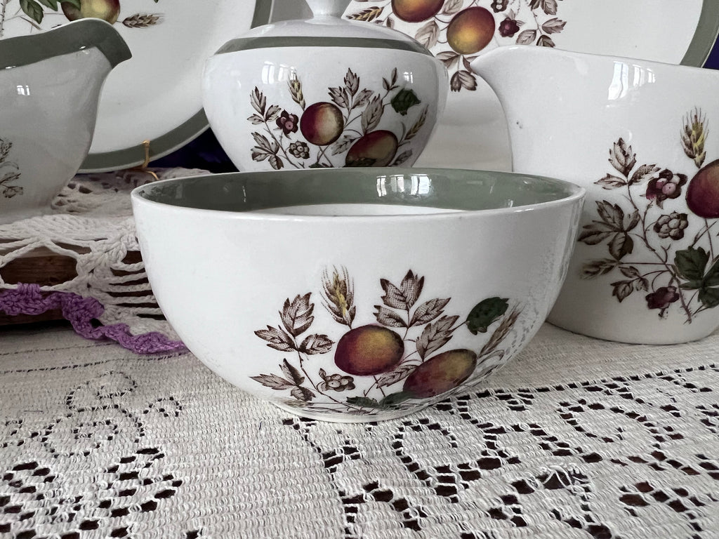Vintage Alfred Meakin Hereford Ironstone 14 -Piece Set | Harvest Fruit & Sage Green Rim  | Two Serving Bowls, Platter, Cream, Sugar