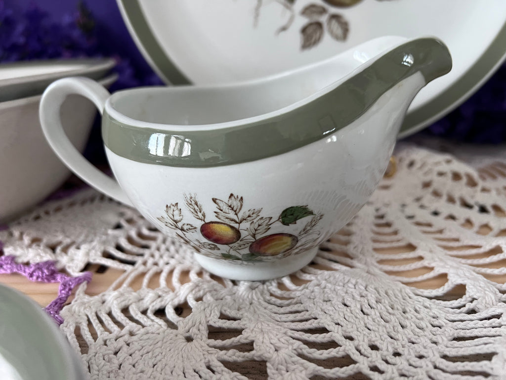 Vintage Alfred Meakin Hereford Ironstone 14 -Piece Set | Harvest Fruit & Sage Green Rim  | Two Serving Bowls, Platter, Cream, Sugar