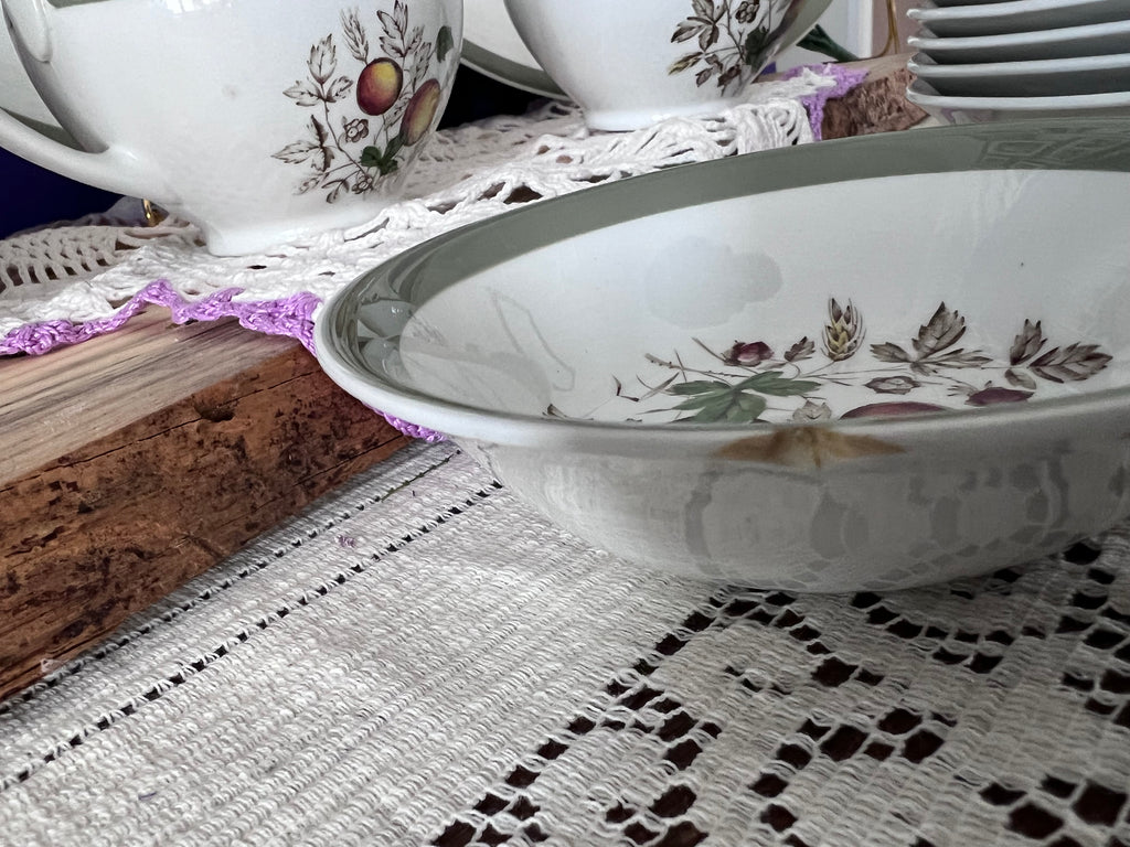 Vintage Alfred Meakin Hereford Ironstone 14 -Piece Set | Harvest Fruit & Sage Green Rim  | Two Serving Bowls, Platter, Cream, Sugar