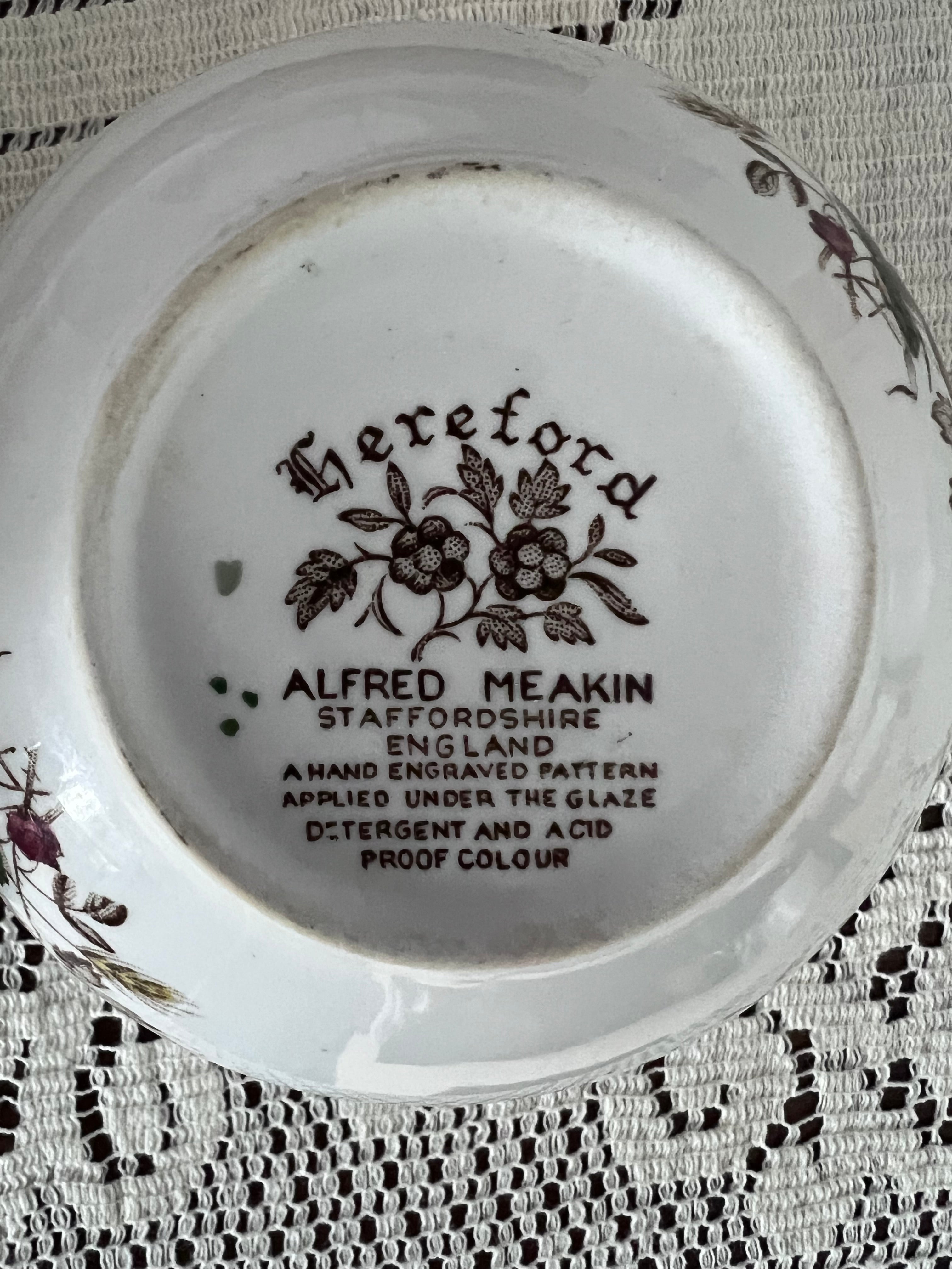 Vintage Alfred Meakin Hereford Ironstone 14 -Piece Set | Harvest Fruit & Sage Green Rim  | Two Serving Bowls, Platter, Cream, Sugar