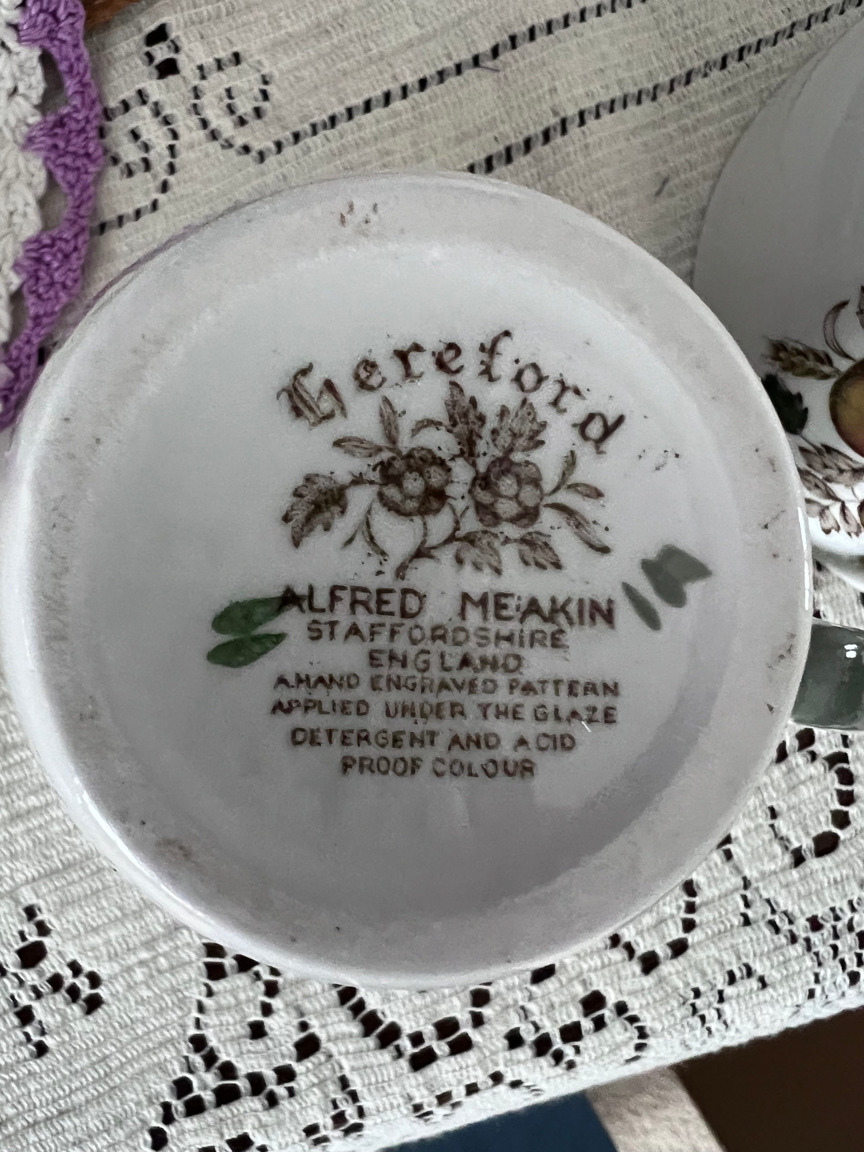 Vintage Alfred Meakin Hereford Ironstone 14 -Piece Set | Harvest Fruit & Sage Green Rim  | Two Serving Bowls, Platter, Cream, Sugar