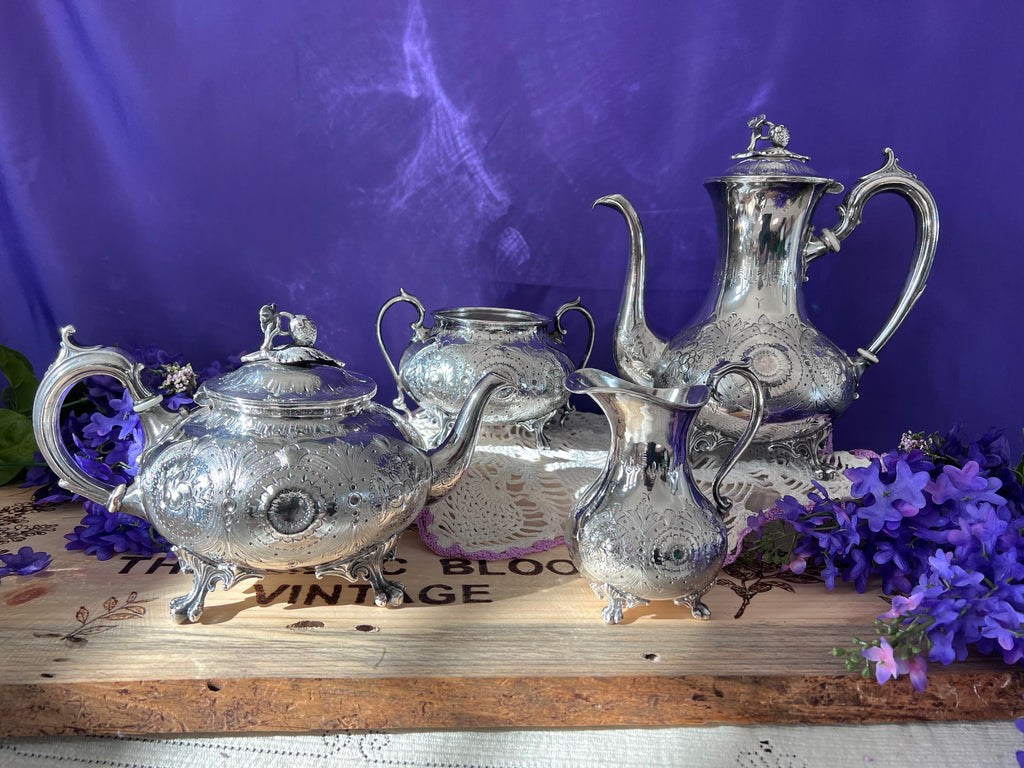 Restored F.B. Rogers "Strawberry" 4-Piece Silver Tea & Coffee Service | Victorian Style