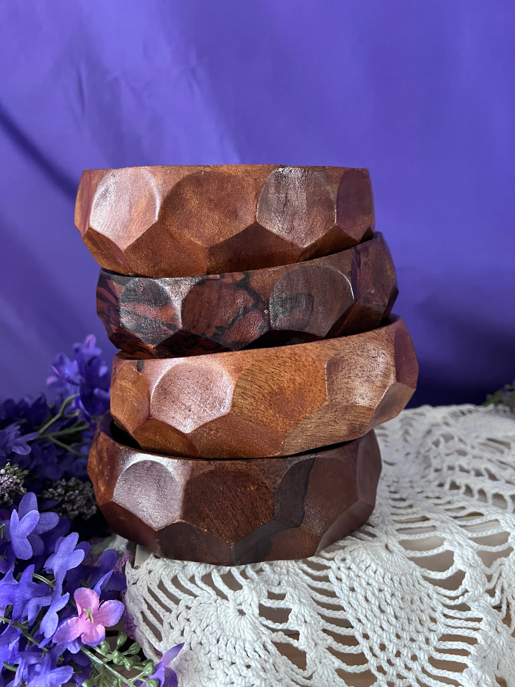 Vintage Faceted Monkey Pod Wood Nut Bowls – Set of 4