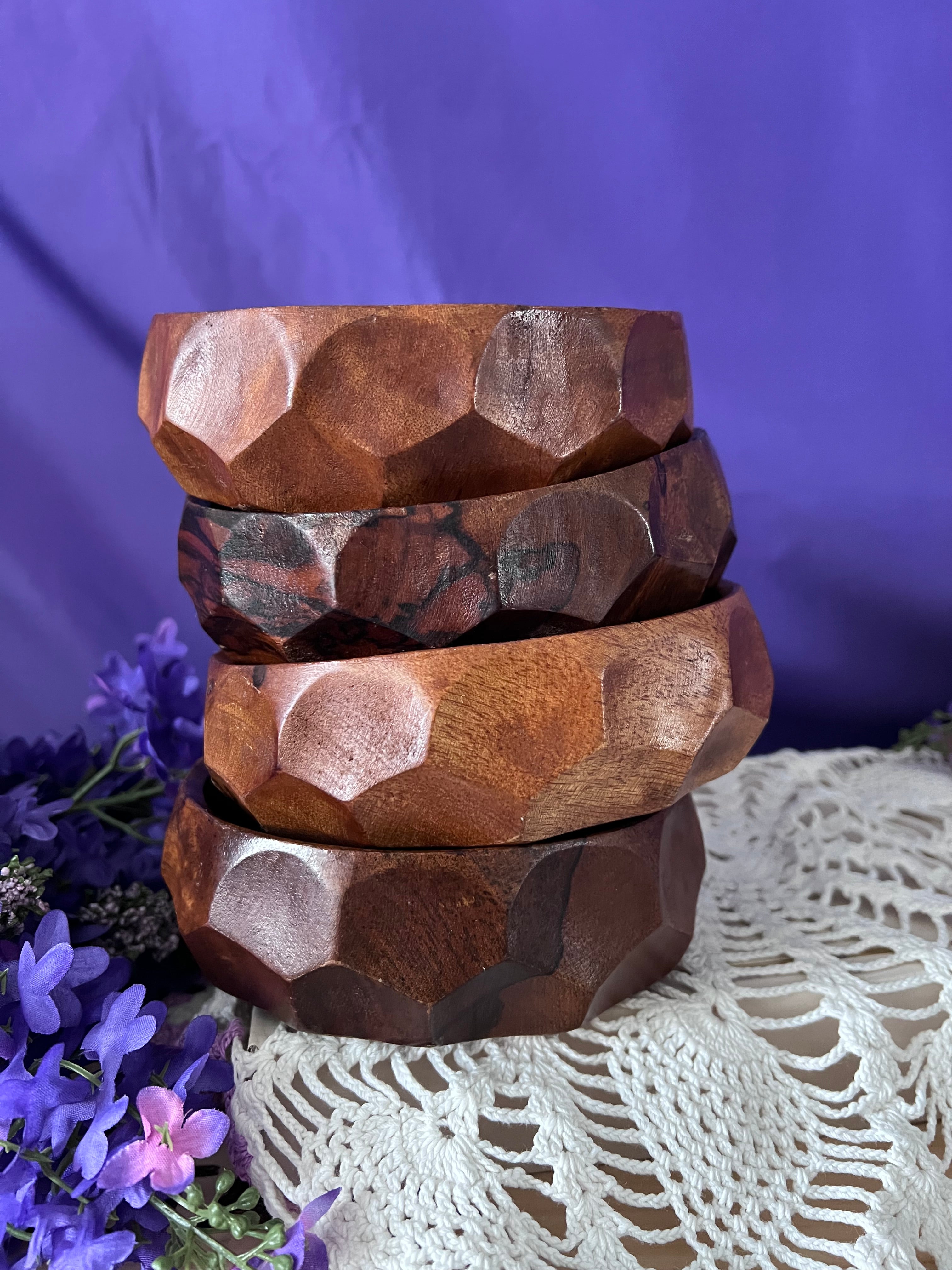 Vintage Faceted Monkey Pod Wood Nut Bowls – Set of 4