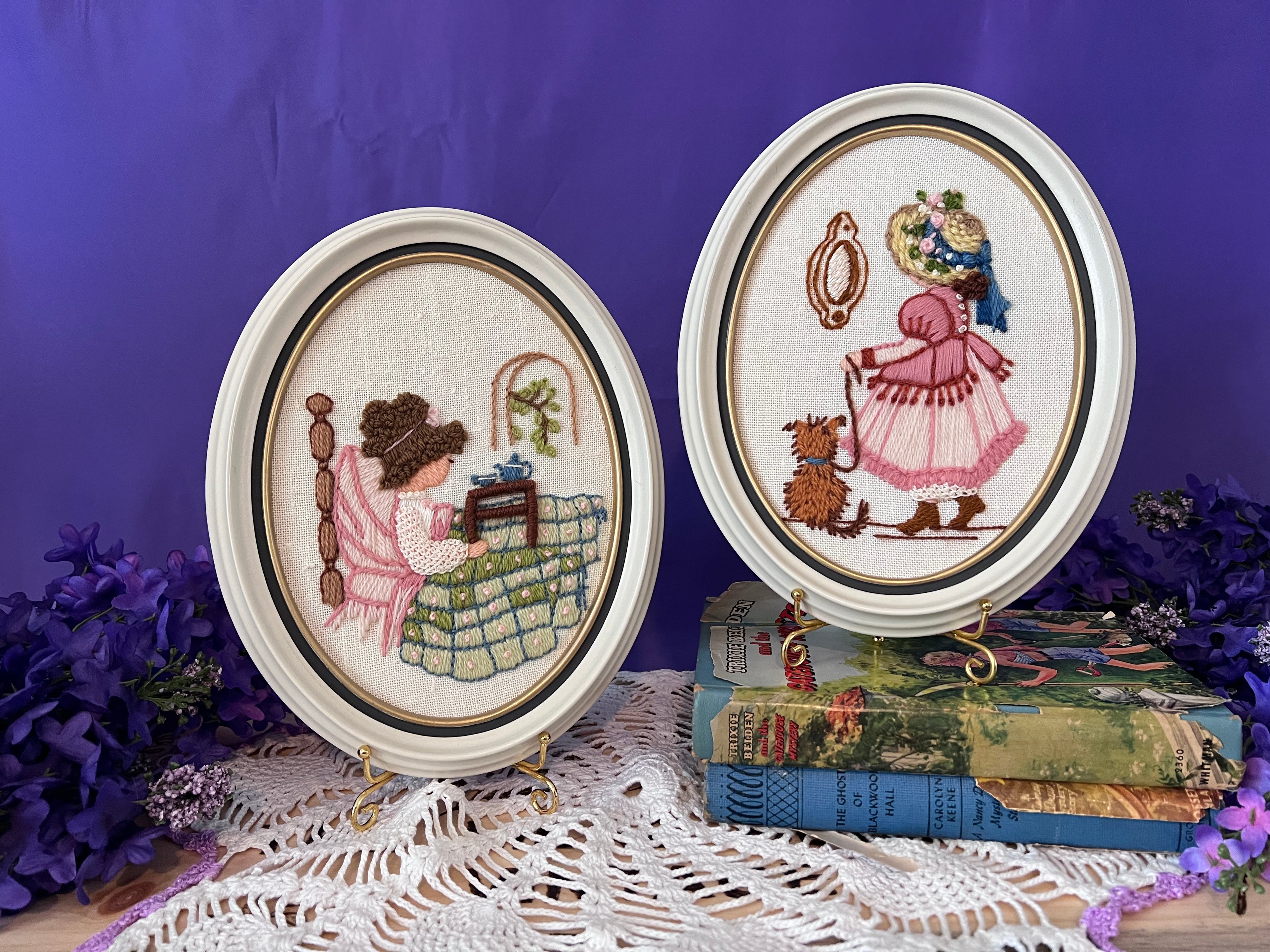 Vintage Framed Embroidery Pair | 1970s Dimensional Crewel Art | Victorian Style Girl & Dog, Bedtime Tea | Oval White Frames | Sault Ste. Marie Boutique Art