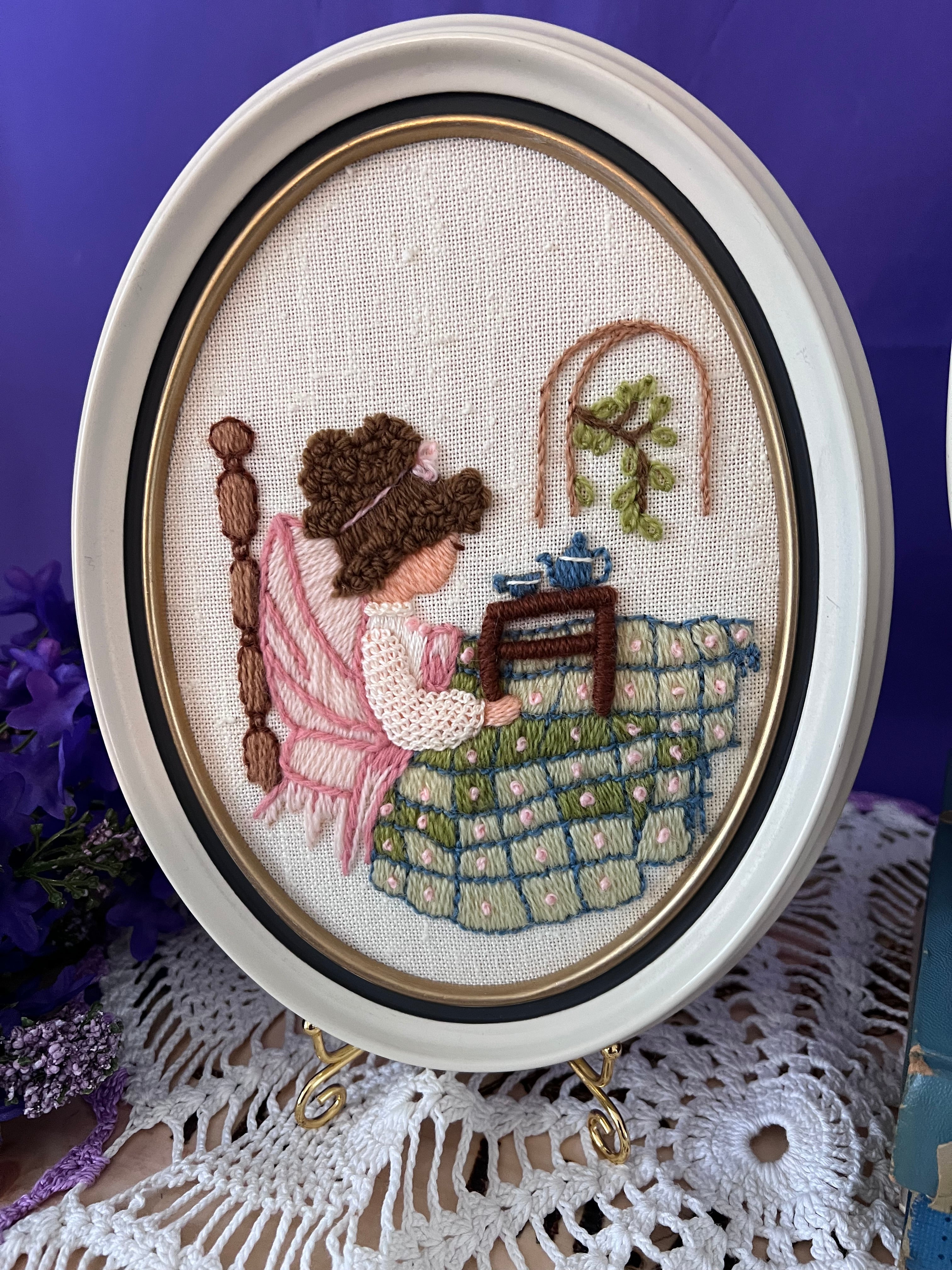 Vintage Framed Embroidery Pair | 1970s Dimensional Crewel Art | Victorian Style Girl & Dog, Bedtime Tea | Oval White Frames | Sault Ste. Marie Boutique Art