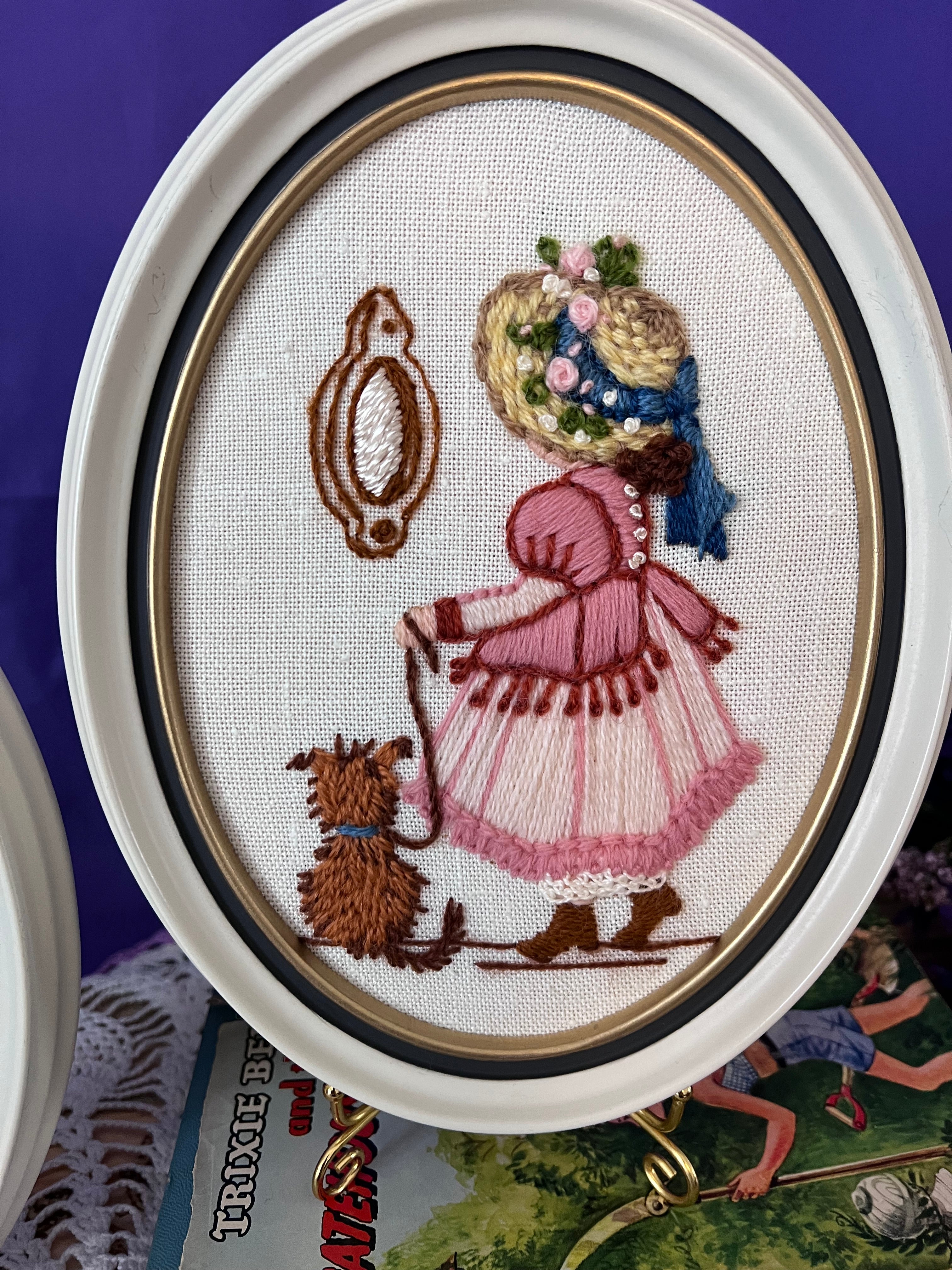 Vintage Framed Embroidery Pair | 1970s Dimensional Crewel Art | Victorian Style Girl & Dog, Bedtime Tea | Oval White Frames | Sault Ste. Marie Boutique Art