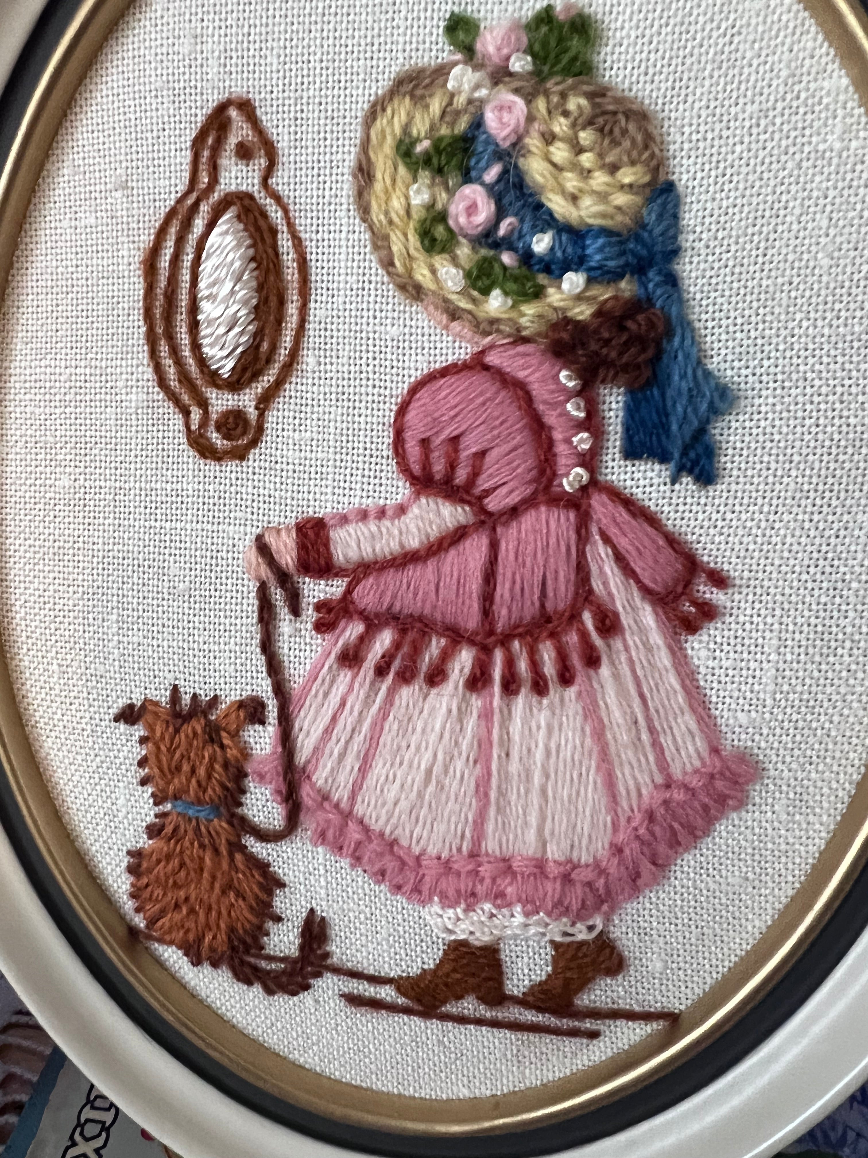 Vintage Framed Embroidery Pair | 1970s Dimensional Crewel Art | Victorian Style Girl & Dog, Bedtime Tea | Oval White Frames | Sault Ste. Marie Boutique Art