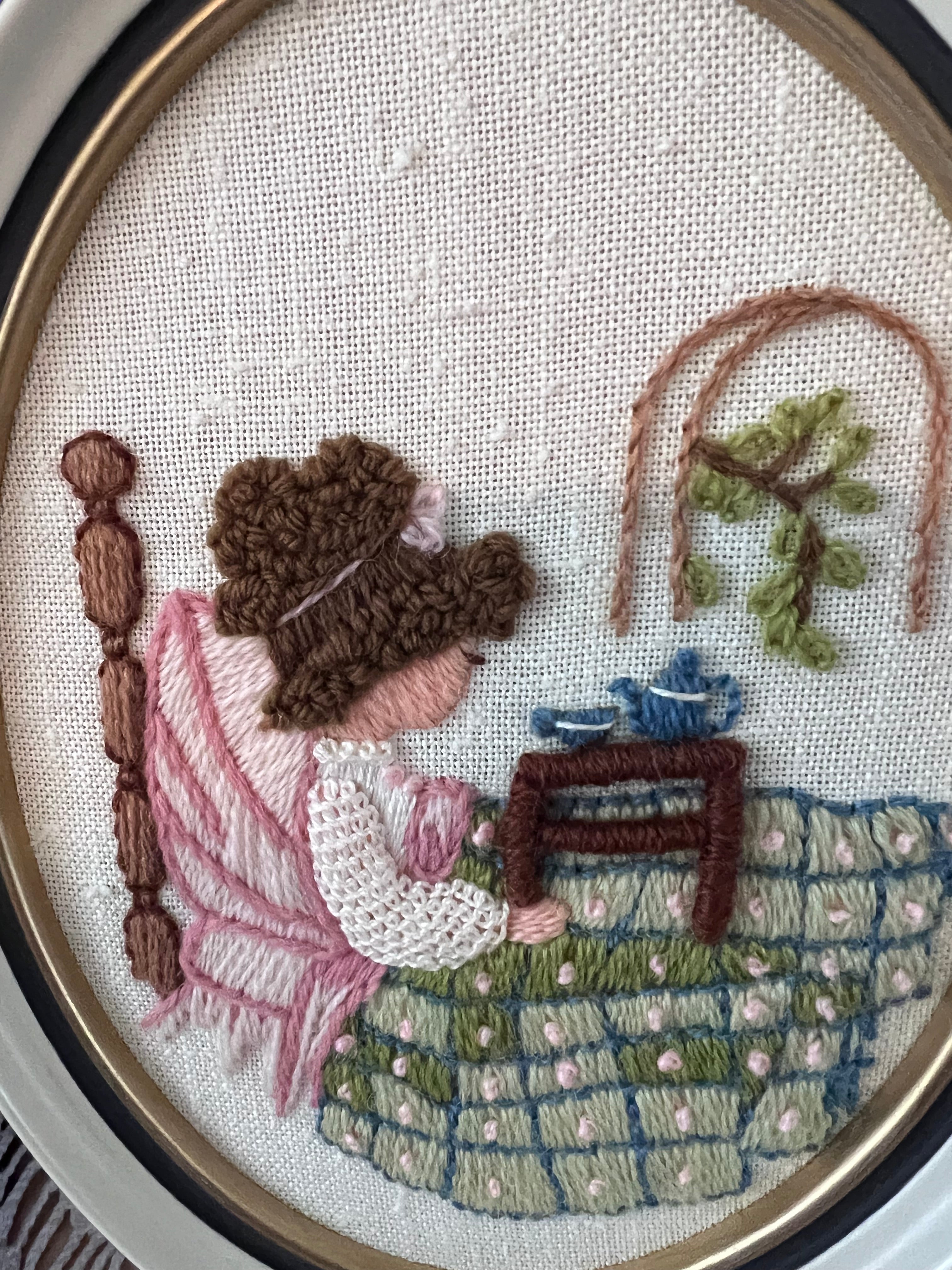 Vintage Framed Embroidery Pair | 1970s Dimensional Crewel Art | Victorian Style Girl & Dog, Bedtime Tea | Oval White Frames | Sault Ste. Marie Boutique Art