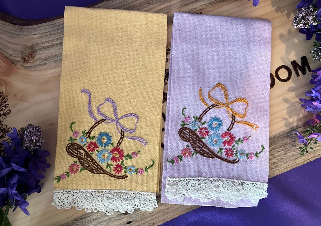 Vintage Hand-Embroidered Linen Guest Towel Set - Lavender & Primrose Yellow with Crochet Lace Trim - Set of 2