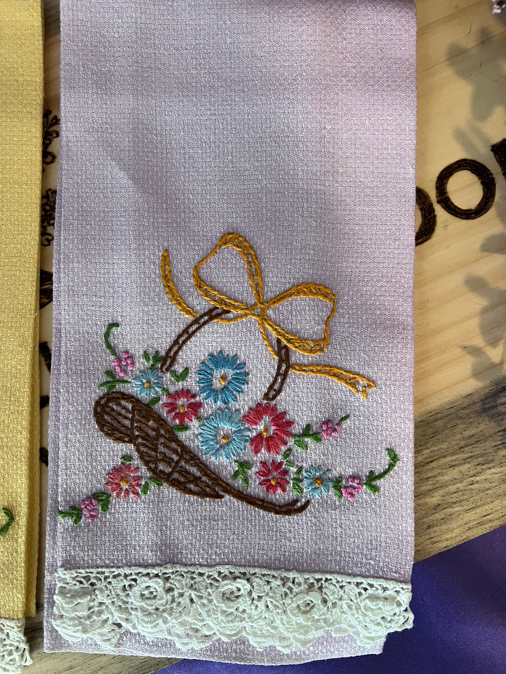 Vintage Hand-Embroidered Linen Guest Towel Set - Lavender & Primrose Yellow with Crochet Lace Trim - Set of 2