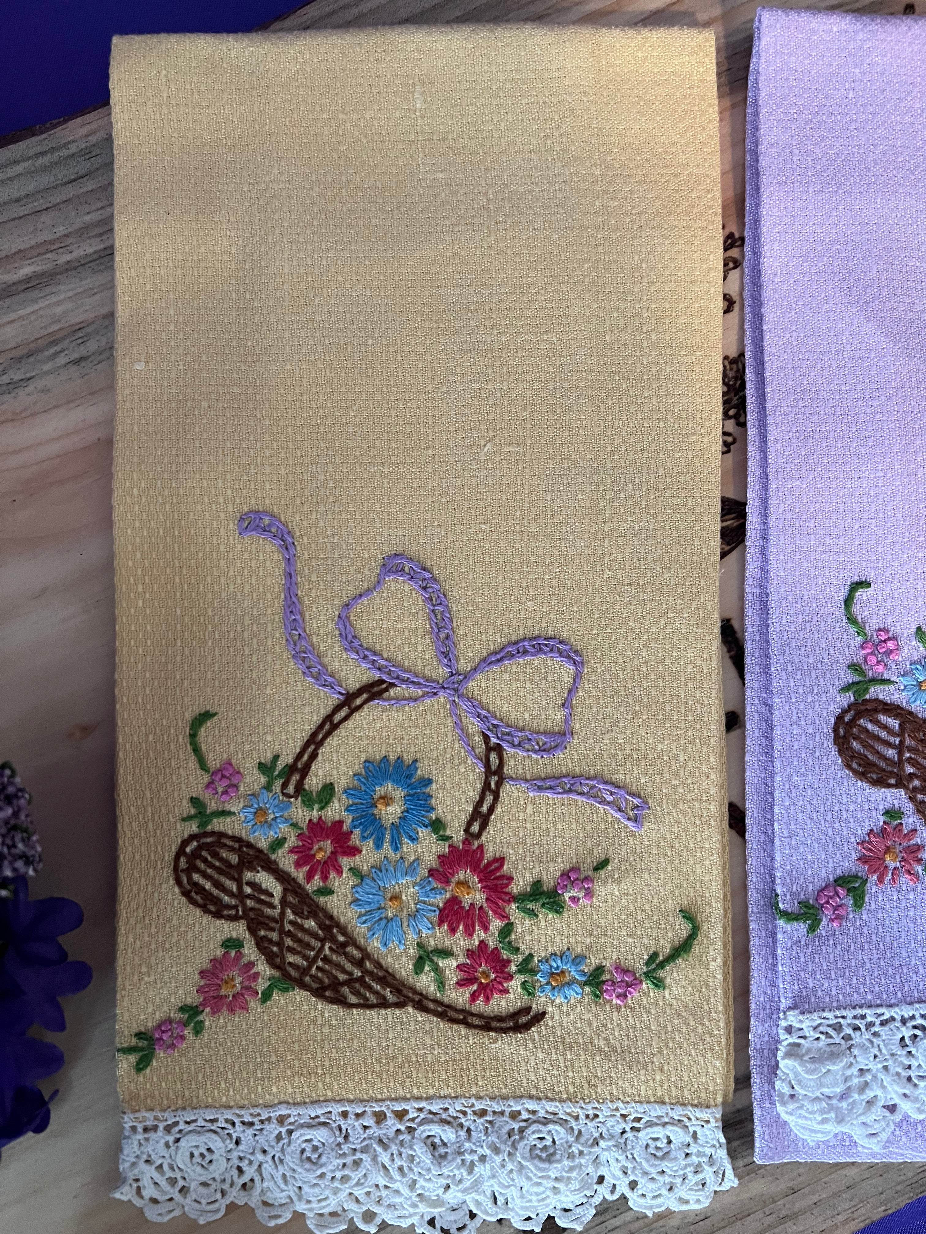 Vintage Hand-Embroidered Linen Guest Towel Set - Lavender & Primrose Yellow with Crochet Lace Trim - Set of 2
