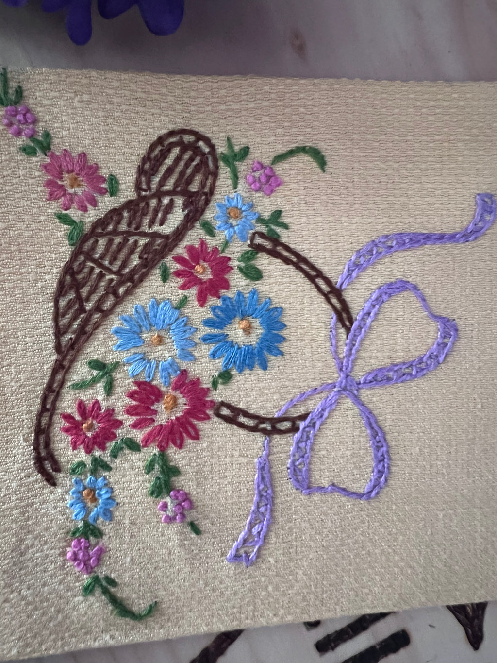 Vintage Hand-Embroidered Linen Guest Towel Set - Lavender & Primrose Yellow with Crochet Lace Trim - Set of 2