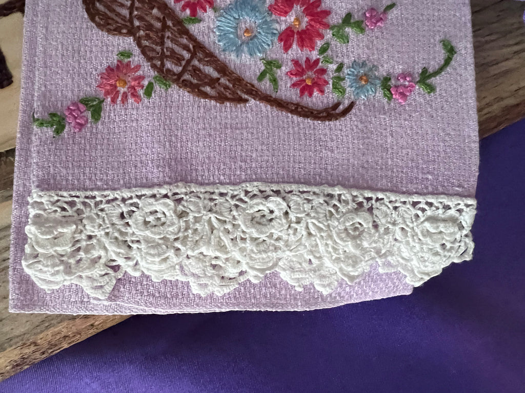 Vintage Hand-Embroidered Linen Guest Towel Set - Lavender & Primrose Yellow with Crochet Lace Trim - Set of 2