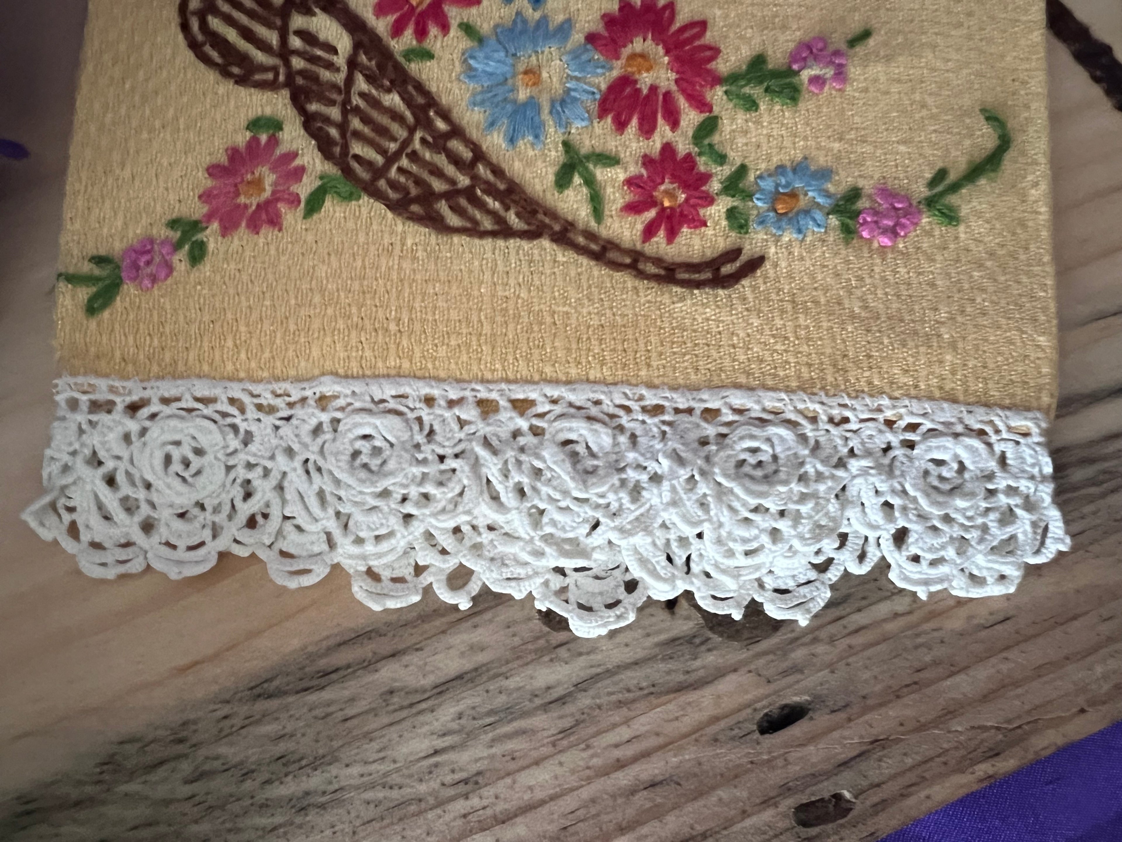 Vintage Hand-Embroidered Linen Guest Towel Set - Lavender & Primrose Yellow with Crochet Lace Trim - Set of 2