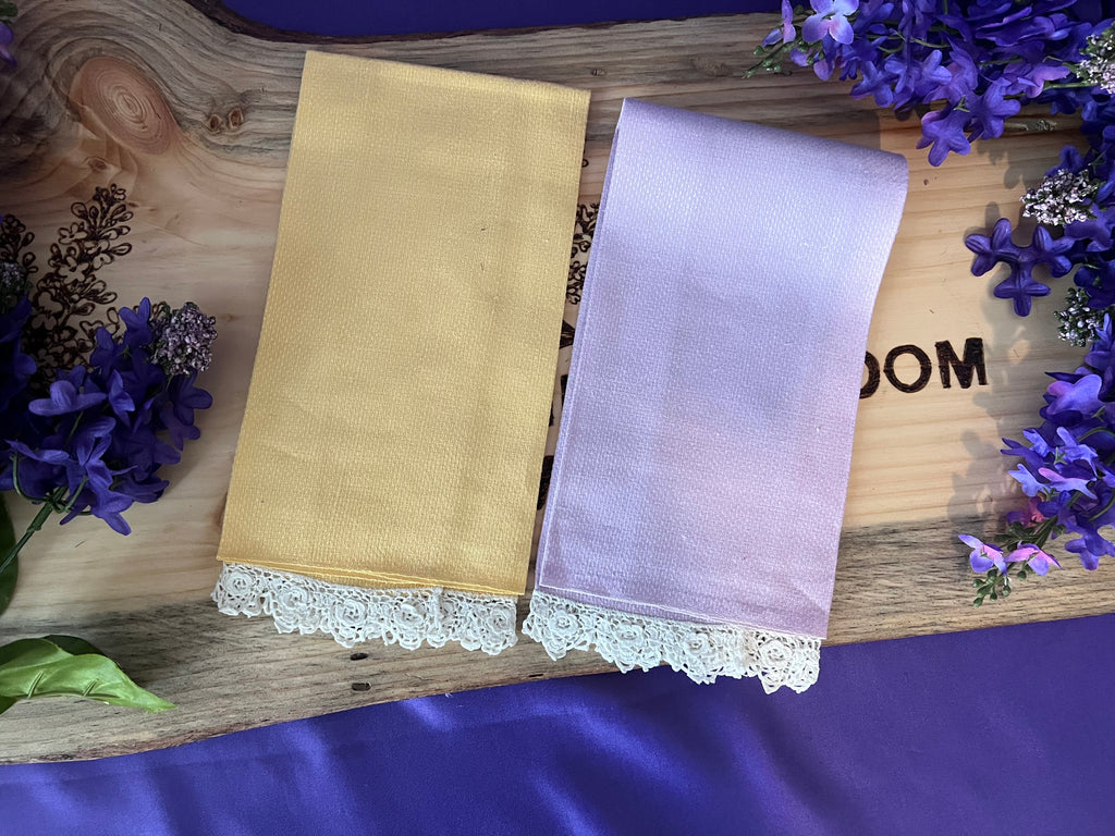 Vintage Hand-Embroidered Linen Guest Towel Set - Lavender & Primrose Yellow with Crochet Lace Trim - Set of 2