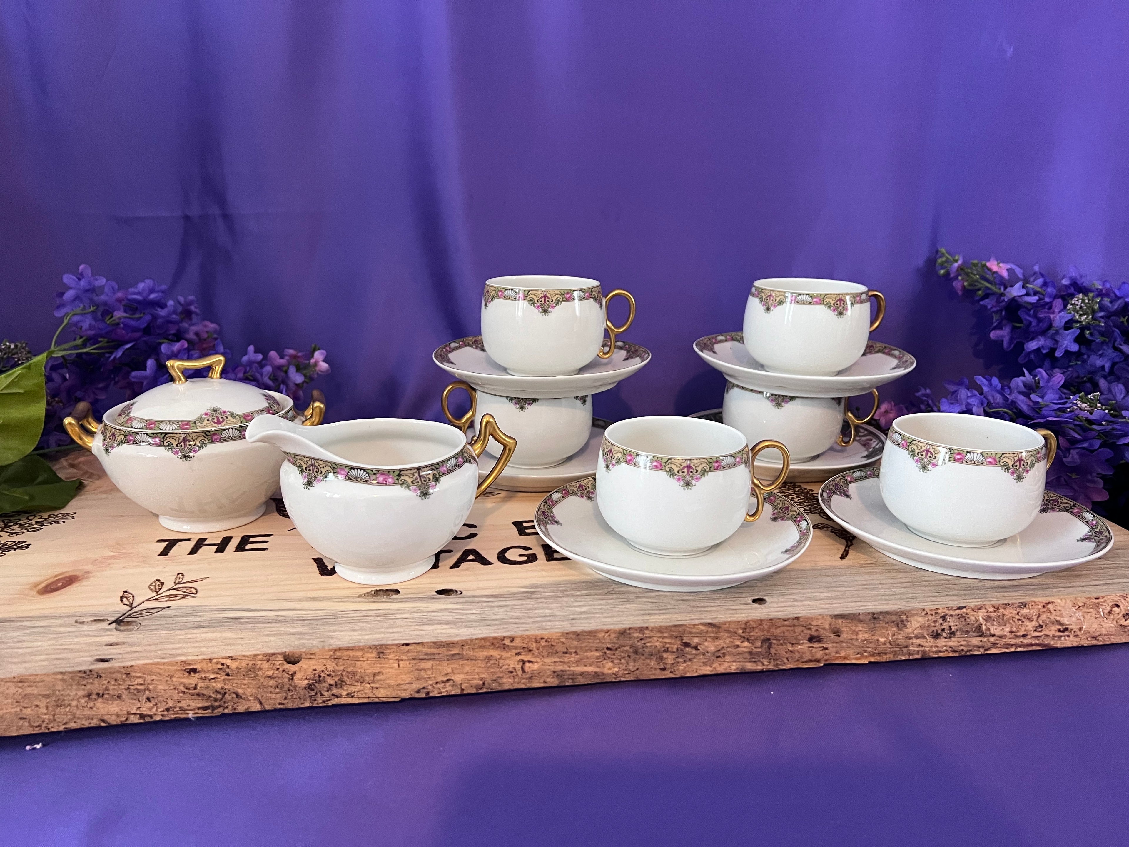 Antique Elite Works Limoges Tea Service for 10 – Pink Rose & Gold Filigree – 24 Pieces – Circa 1900