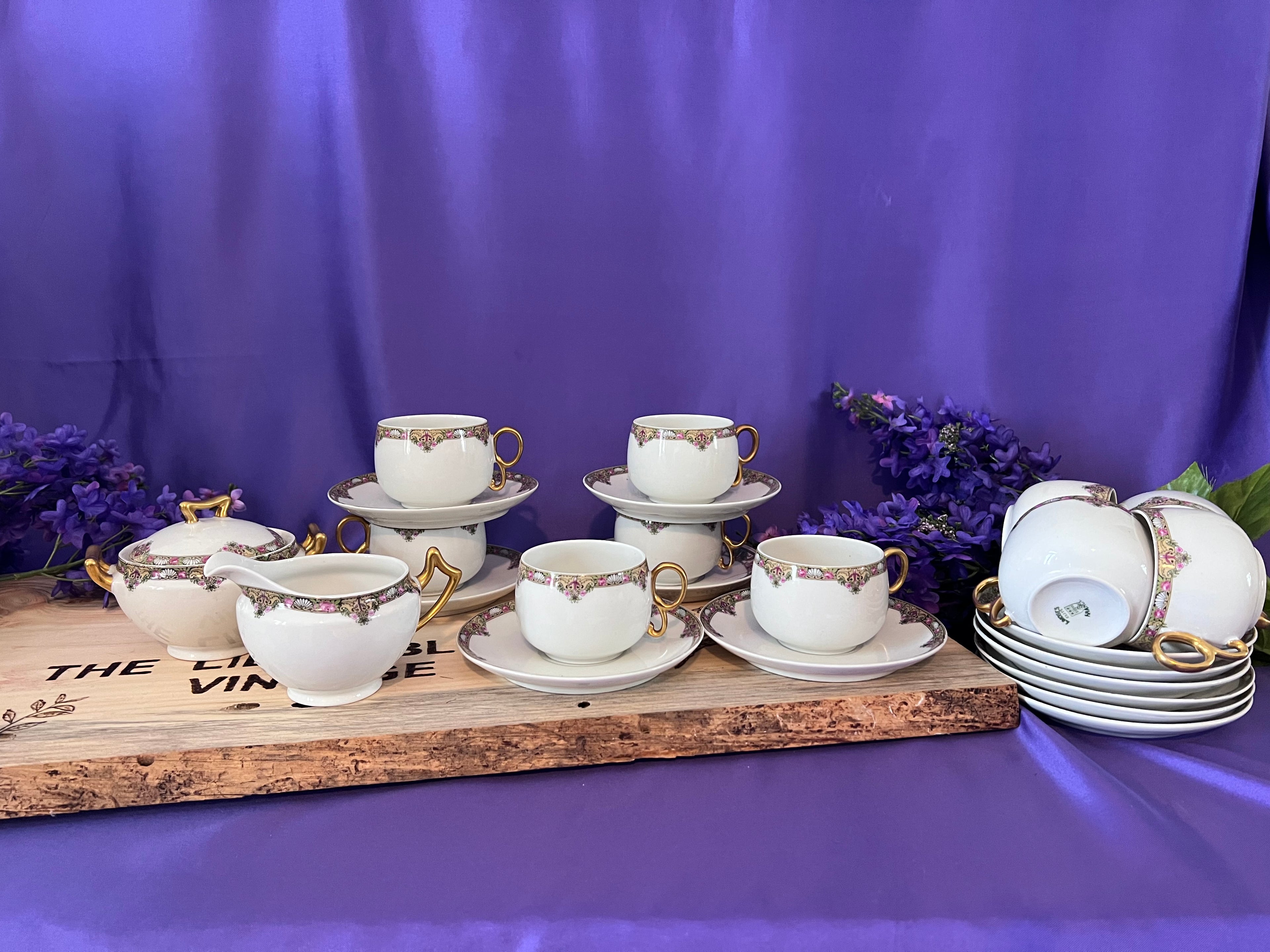 Antique Elite Works Limoges Tea Service for 10 – Pink Rose & Gold Filigree – 24 Pieces – Circa 1900