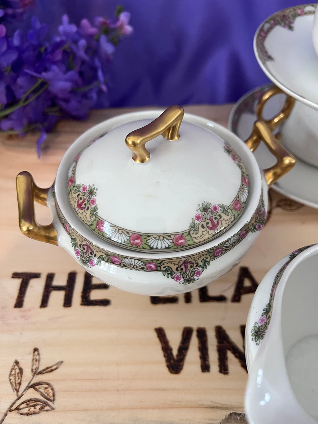 Antique Elite Works Limoges Tea Service for 10 – Pink Rose & Gold Filigree – 24 Pieces – Circa 1900