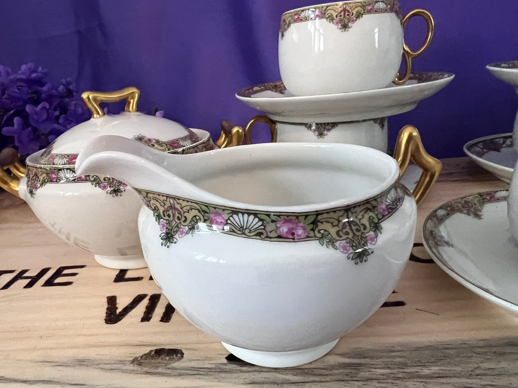 Antique Elite Works Limoges Tea Service for 10 – Pink Rose & Gold Filigree – 24 Pieces – Circa 1900