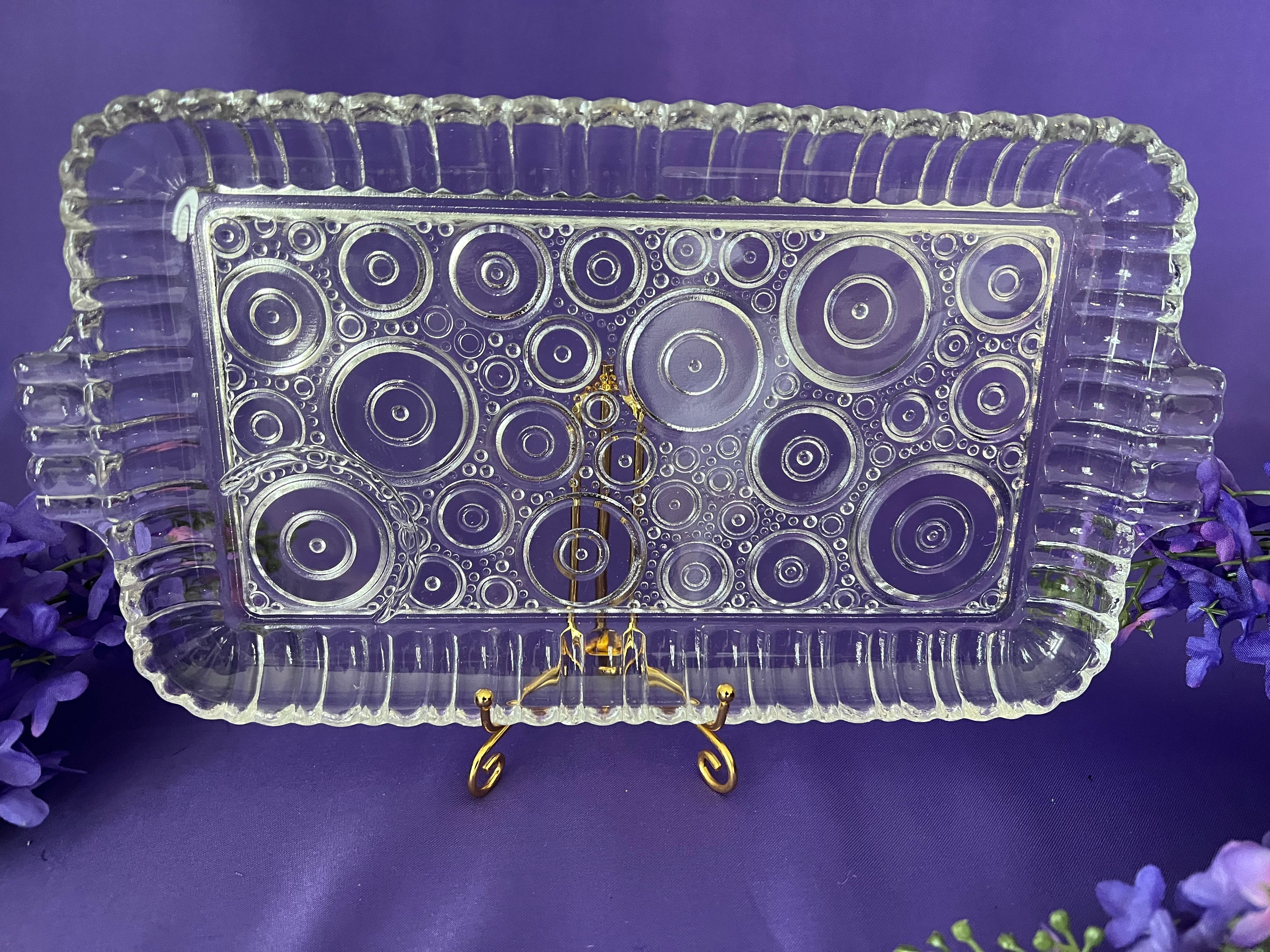 Vintage Anchor Hocking Colonial Lady Clear Glass Snack Trays - Set of 4, Mid Century Bullseye Concentric Circles Sip and Smoke Trays, Romantic Garden Party Entertaining