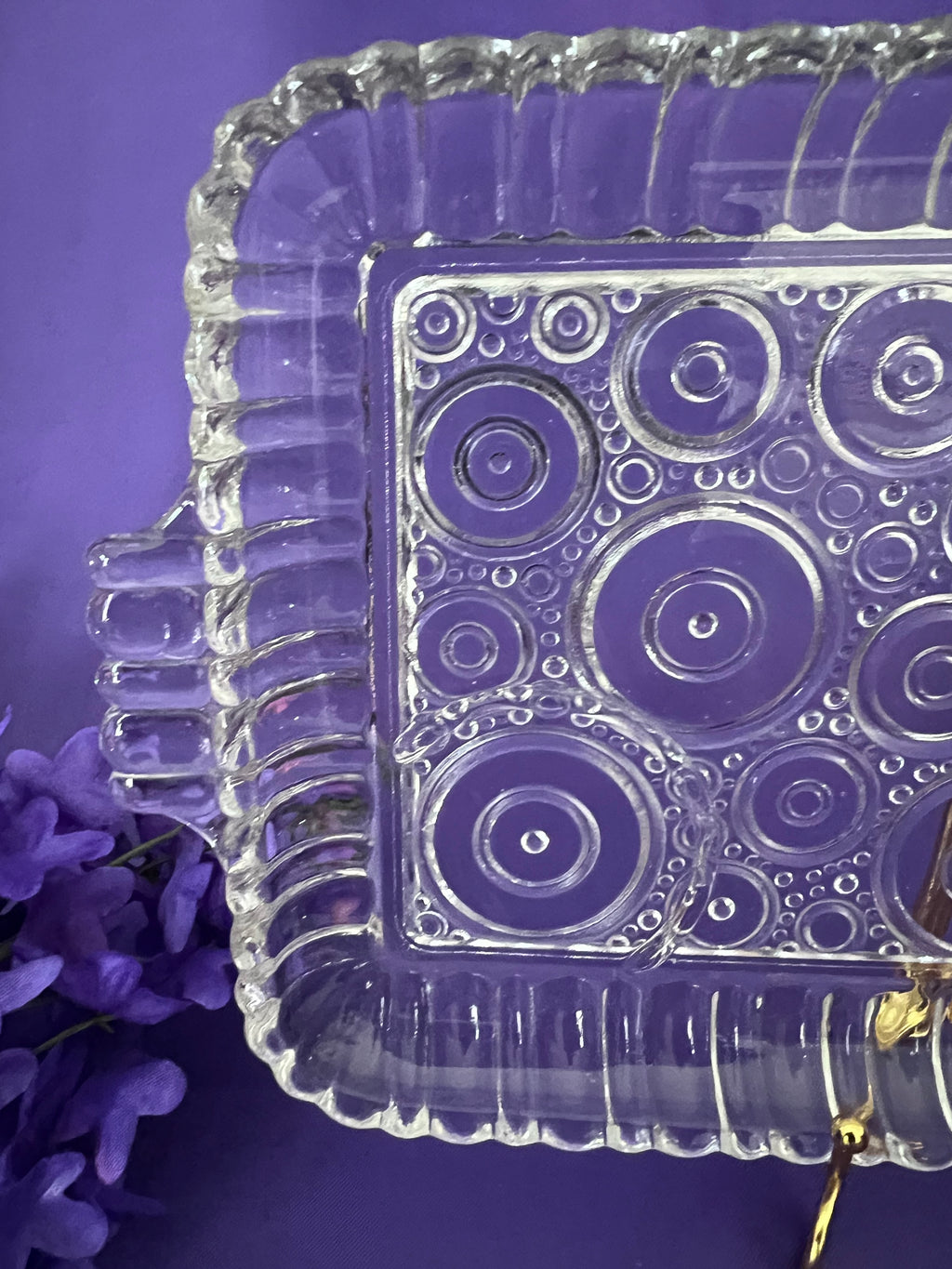Vintage Anchor Hocking Colonial Lady Clear Glass Snack Trays - Set of 4, Mid Century Bullseye Concentric Circles Sip and Smoke Trays, Romantic Garden Party Entertaining