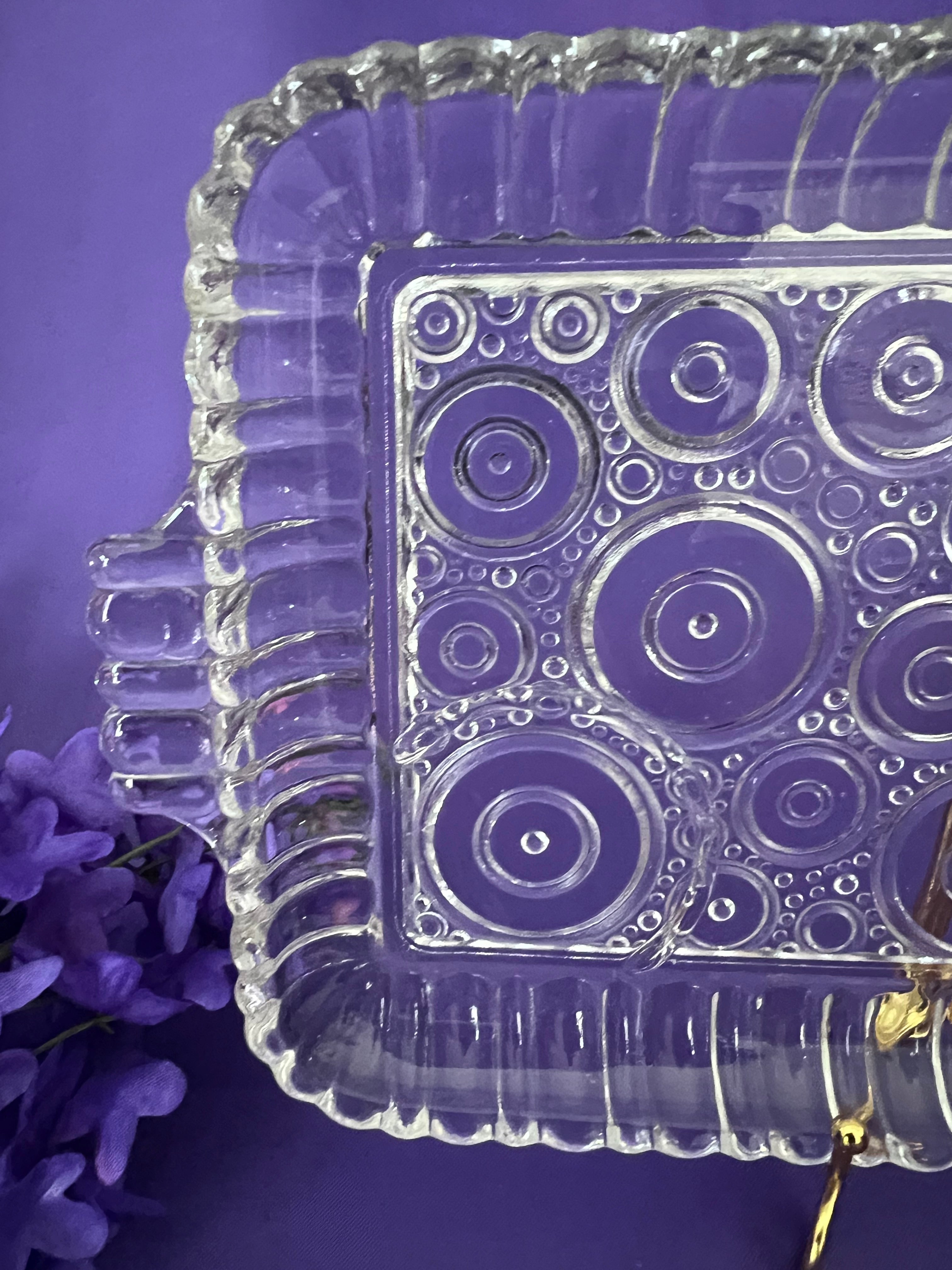 Vintage Anchor Hocking Colonial Lady Clear Glass Snack Trays - Set of 4, Mid Century Bullseye Concentric Circles Sip and Smoke Trays, Romantic Garden Party Entertaining