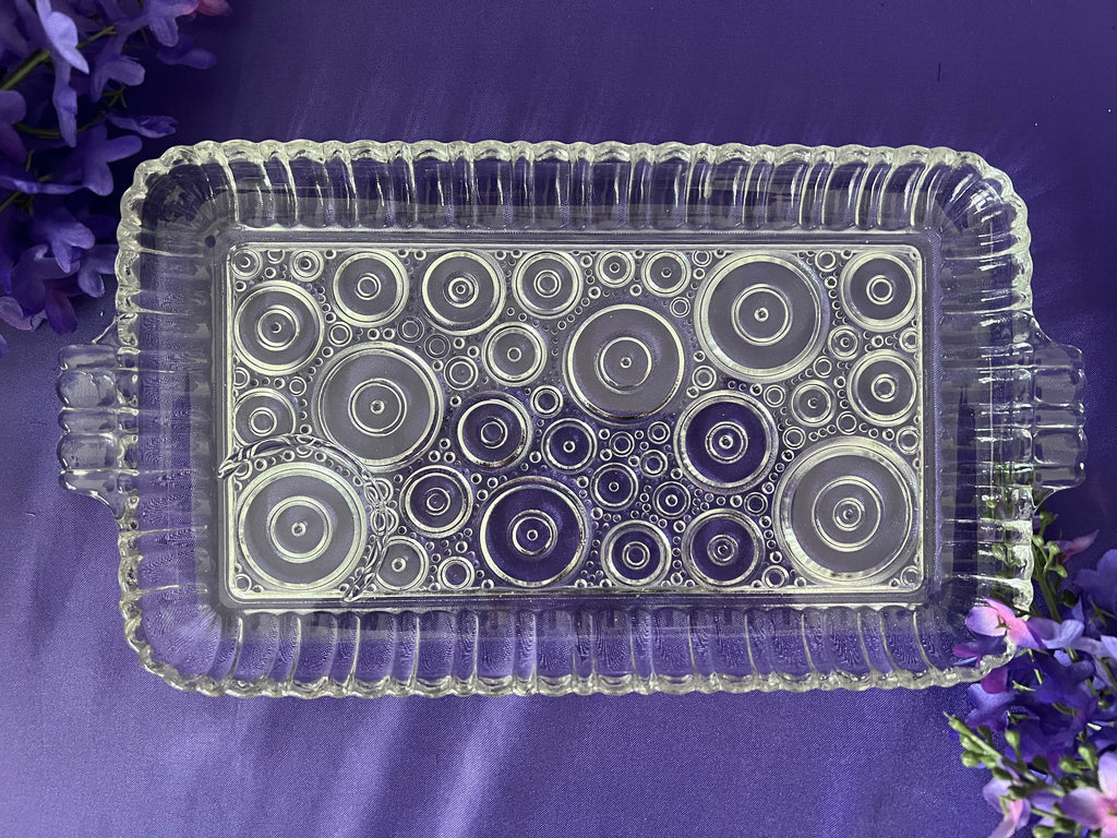 Vintage Anchor Hocking Colonial Lady Clear Glass Snack Trays - Set of 4, Mid Century Bullseye Concentric Circles Sip and Smoke Trays, Romantic Garden Party Entertaining