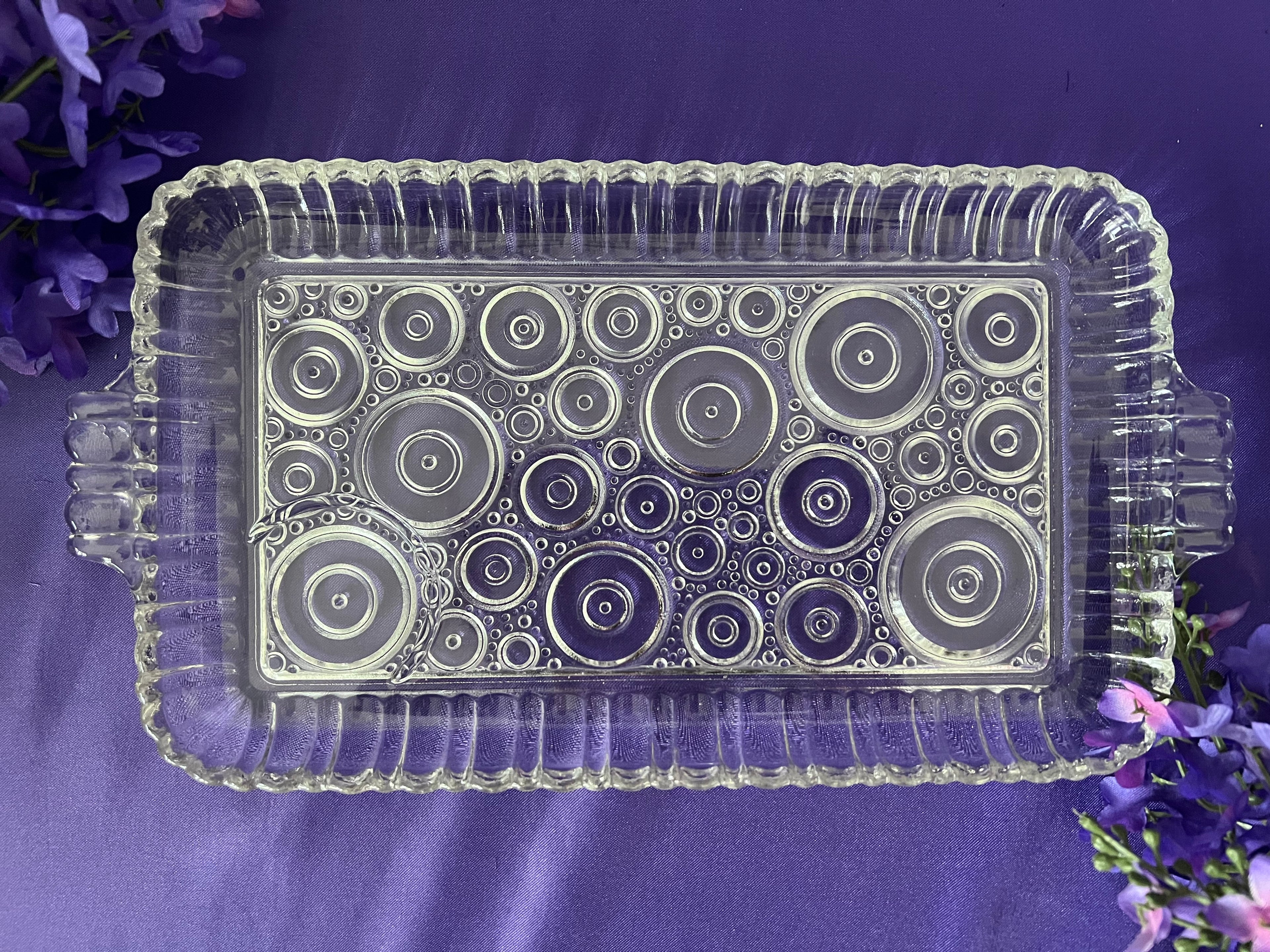 Vintage Anchor Hocking Colonial Lady Clear Glass Snack Trays - Set of 4, Mid Century Bullseye Concentric Circles Sip and Smoke Trays, Romantic Garden Party Entertaining