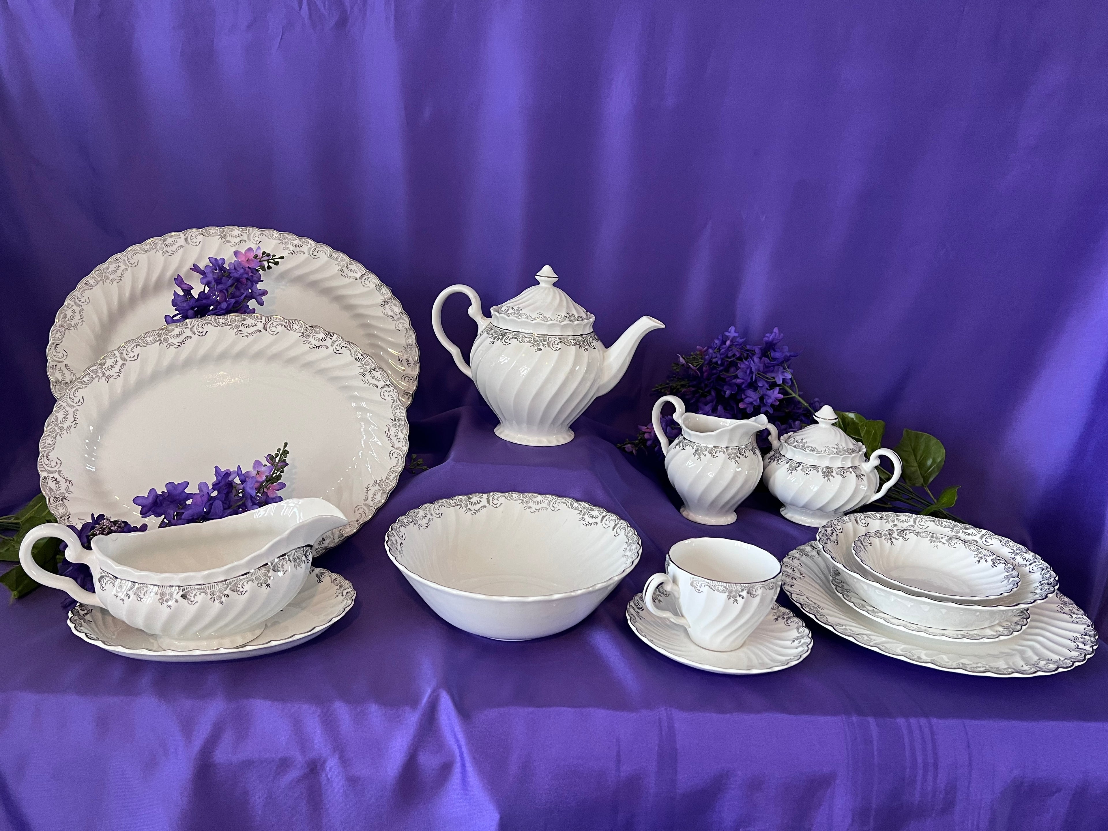 Vintage Johnson Bros Regency Tea & Dinner Service – 8 Place Settings – Silver Scroll & Scalloped Edge