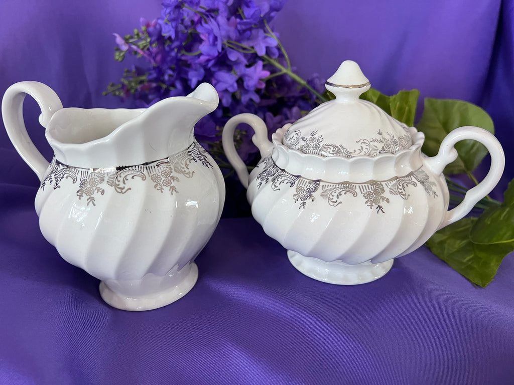 Vintage Johnson Bros Regency Tea & Dinner Service – 8 Place Settings – Silver Scroll & Scalloped Edge