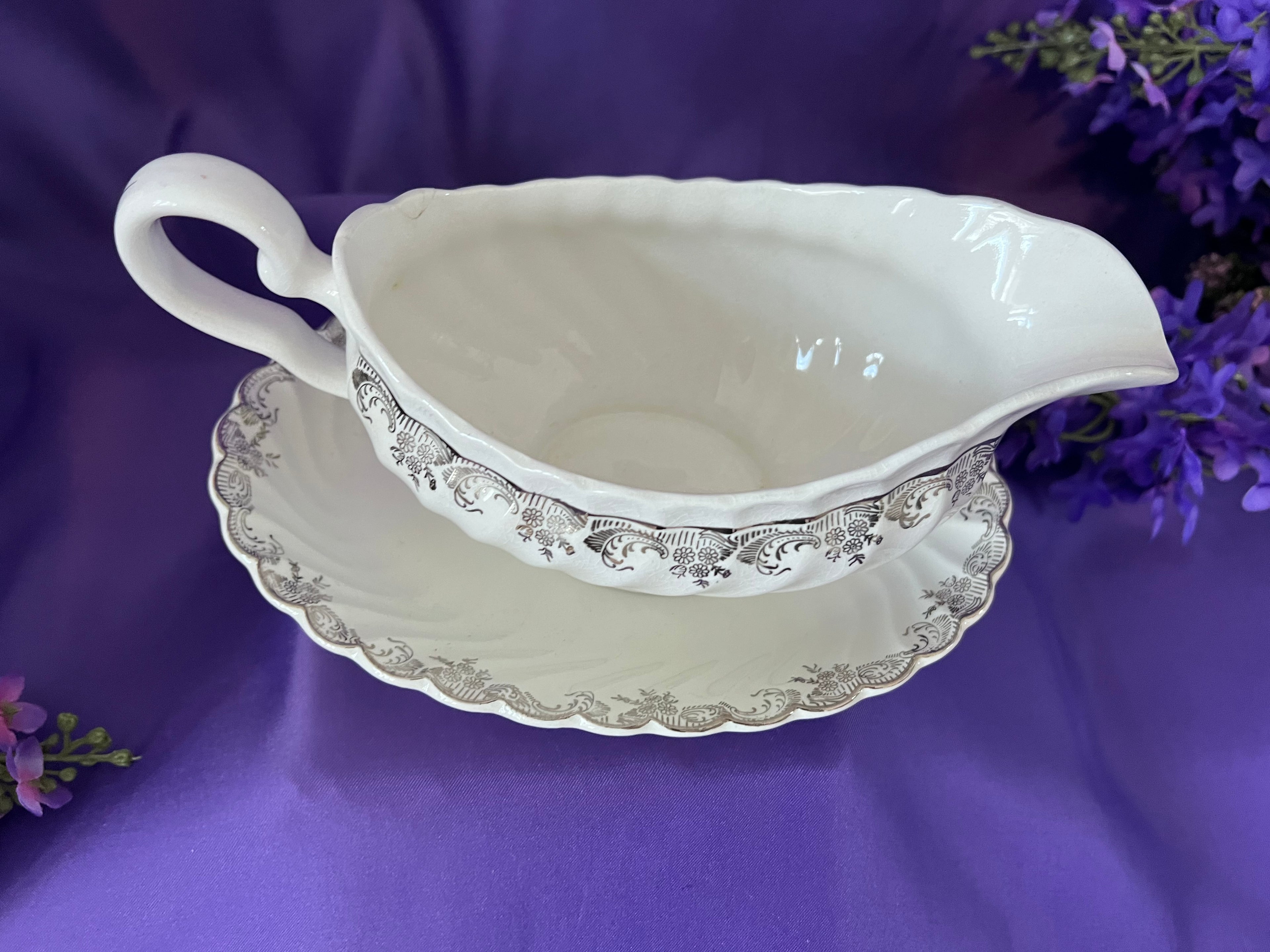 Vintage Johnson Bros Regency Tea & Dinner Service – 8 Place Settings – Silver Scroll & Scalloped Edge