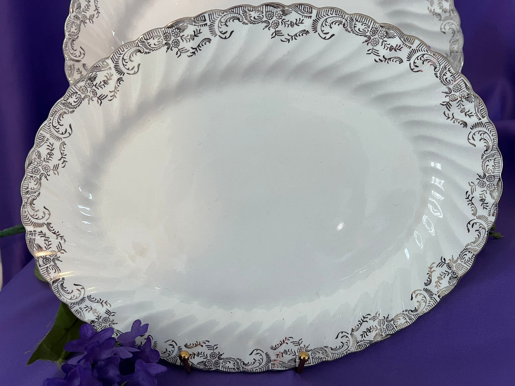 Vintage Johnson Bros Regency Tea & Dinner Service – 8 Place Settings – Silver Scroll & Scalloped Edge