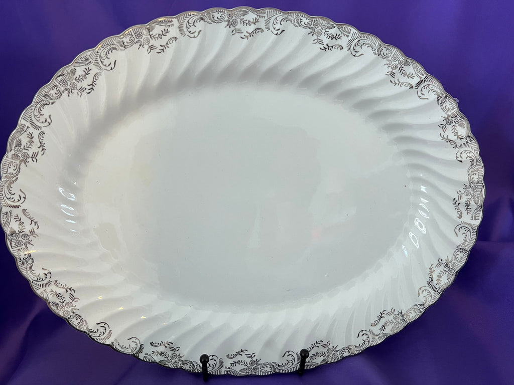 Vintage Johnson Bros Regency Tea & Dinner Service – 8 Place Settings – Silver Scroll & Scalloped Edge