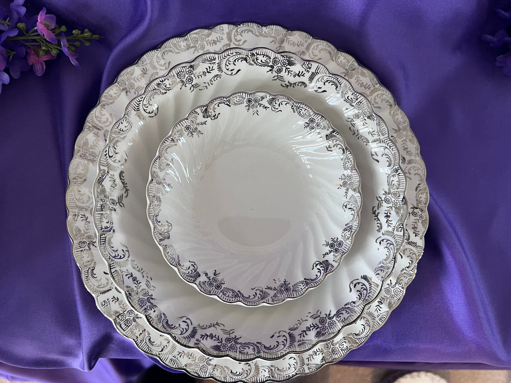 Vintage Johnson Bros Regency Tea & Dinner Service – 8 Place Settings – Silver Scroll & Scalloped Edge