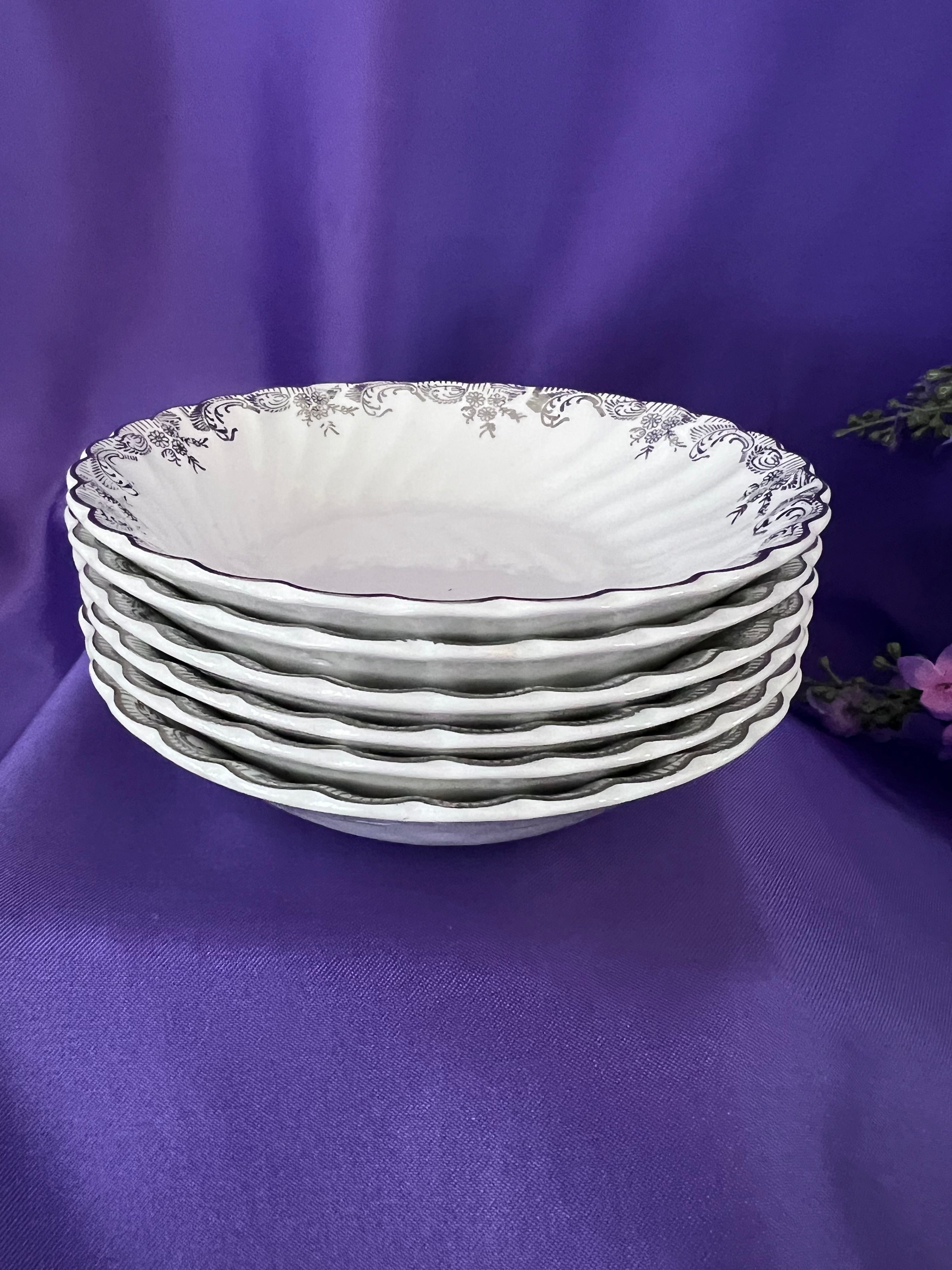 Vintage Johnson Bros Regency Tea & Dinner Service – 8 Place Settings – Silver Scroll & Scalloped Edge