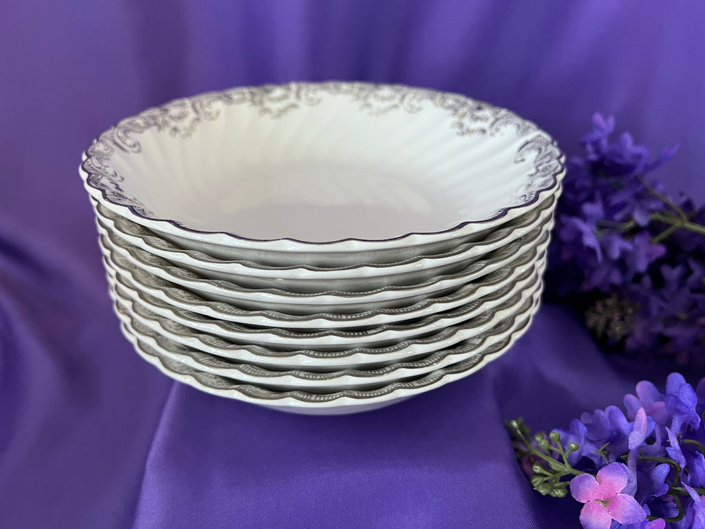 Vintage Johnson Bros Regency Tea & Dinner Service – 8 Place Settings – Silver Scroll & Scalloped Edge