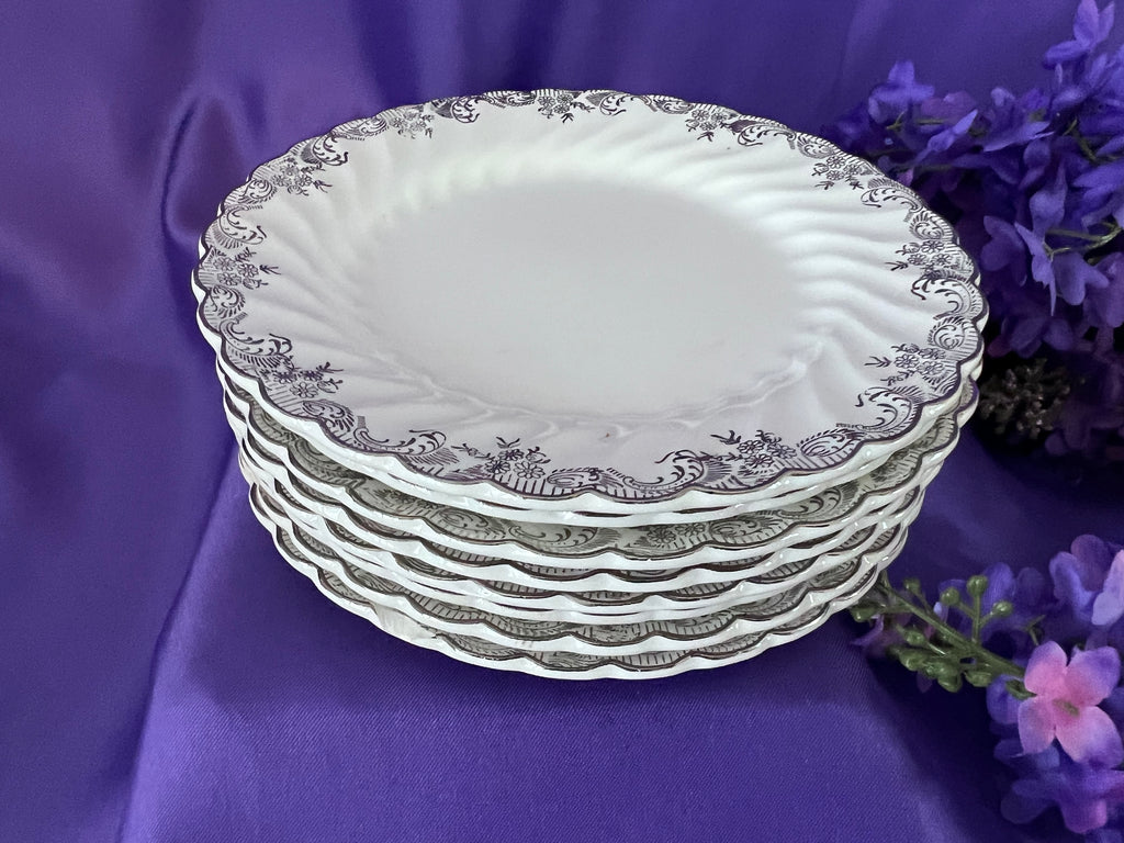 Vintage Johnson Bros Regency Tea & Dinner Service – 8 Place Settings – Silver Scroll & Scalloped Edge