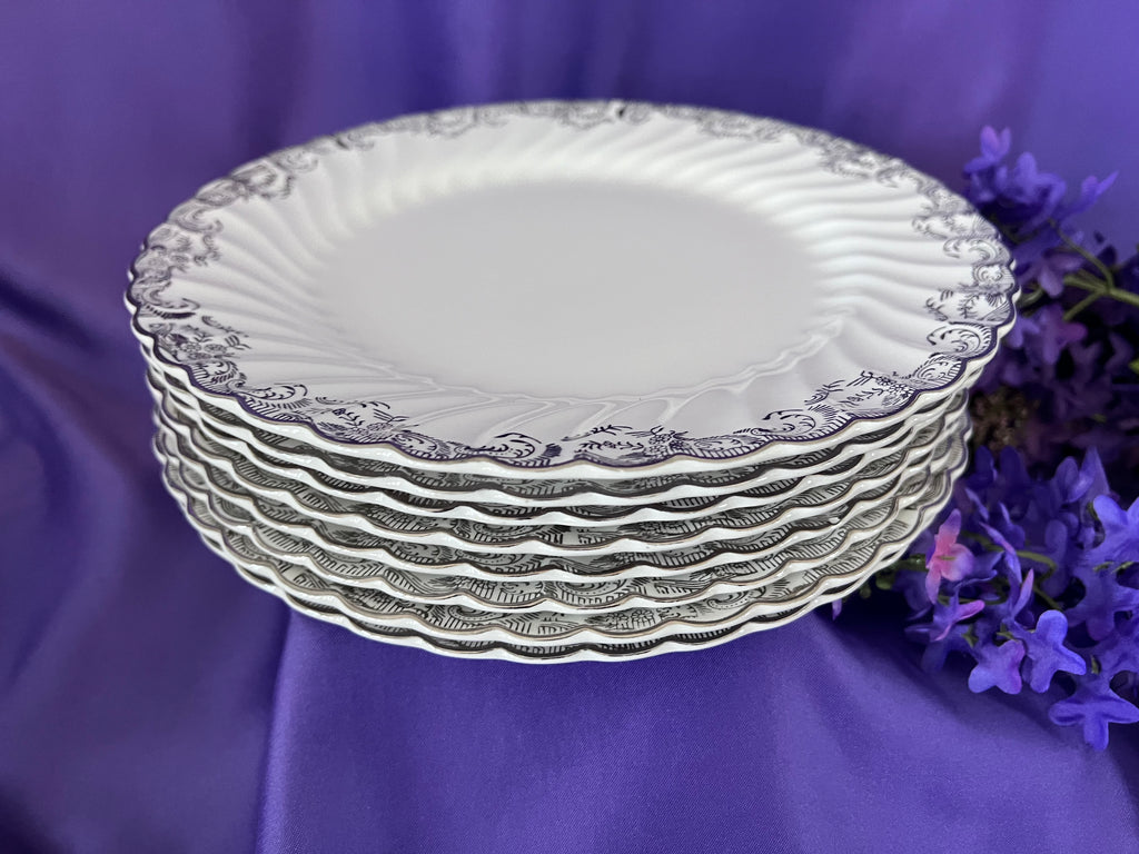 Vintage Johnson Bros Regency Tea & Dinner Service – 8 Place Settings – Silver Scroll & Scalloped Edge