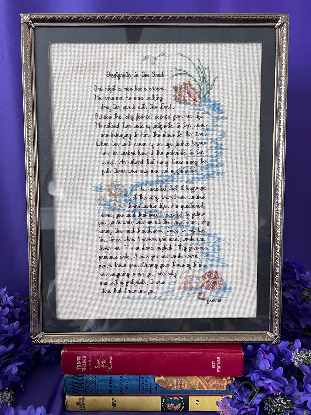 Vintage "Footprints in the Sand" Framed Cross Stitch Inspirational Wall Art