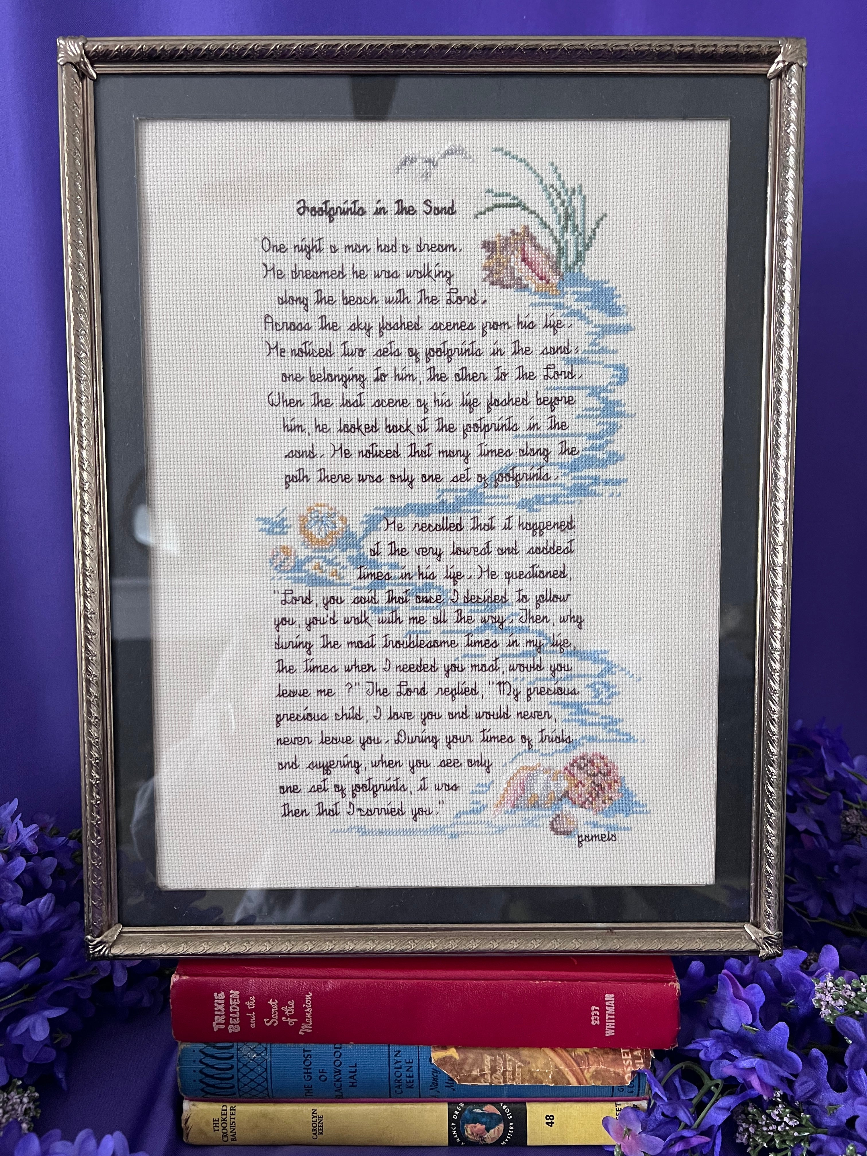 Vintage "Footprints in the Sand" Framed Cross Stitch Inspirational Wall Art