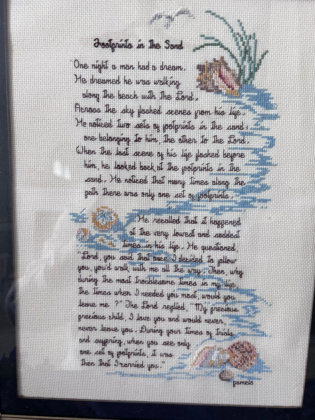 Vintage "Footprints in the Sand" Framed Cross Stitch Inspirational Wall Art