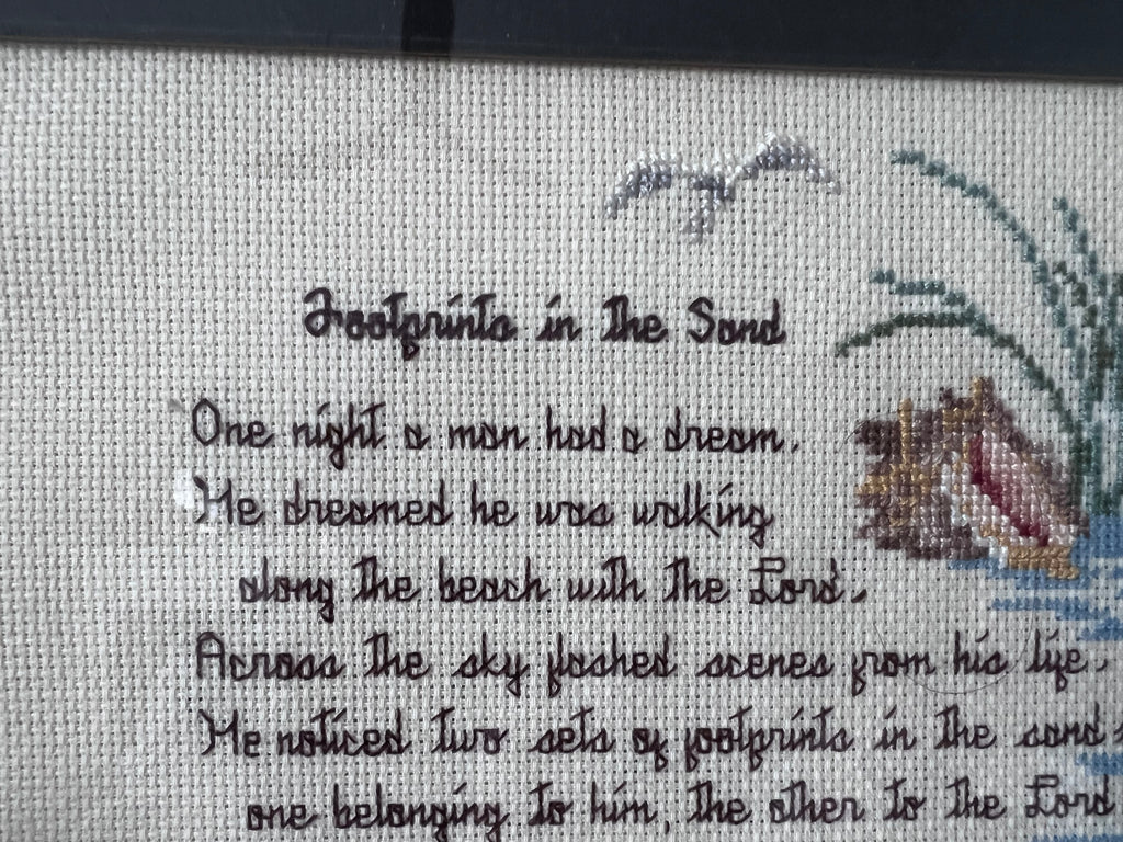 Vintage "Footprints in the Sand" Framed Cross Stitch Inspirational Wall Art