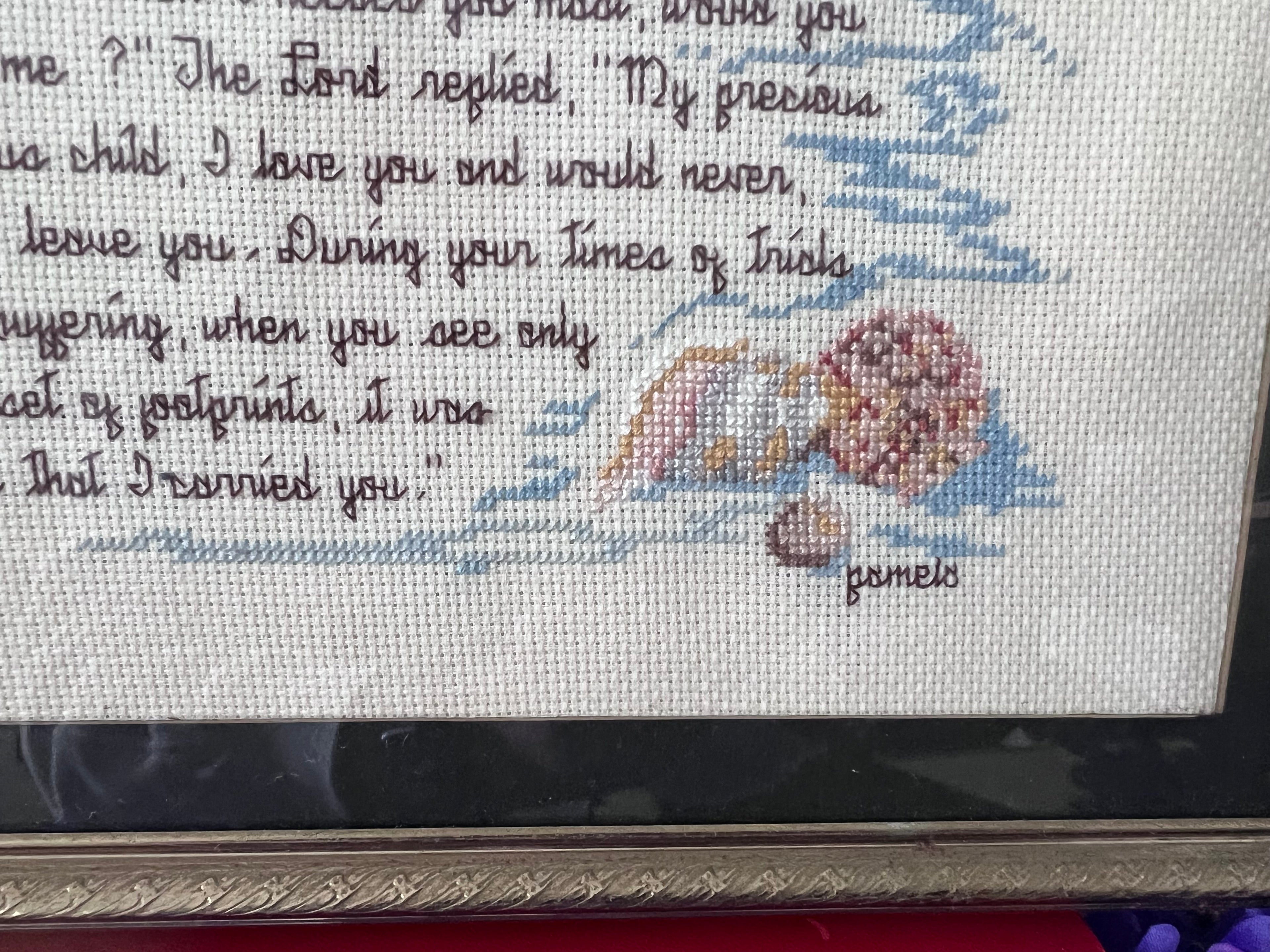 Vintage "Footprints in the Sand" Framed Cross Stitch Inspirational Wall Art