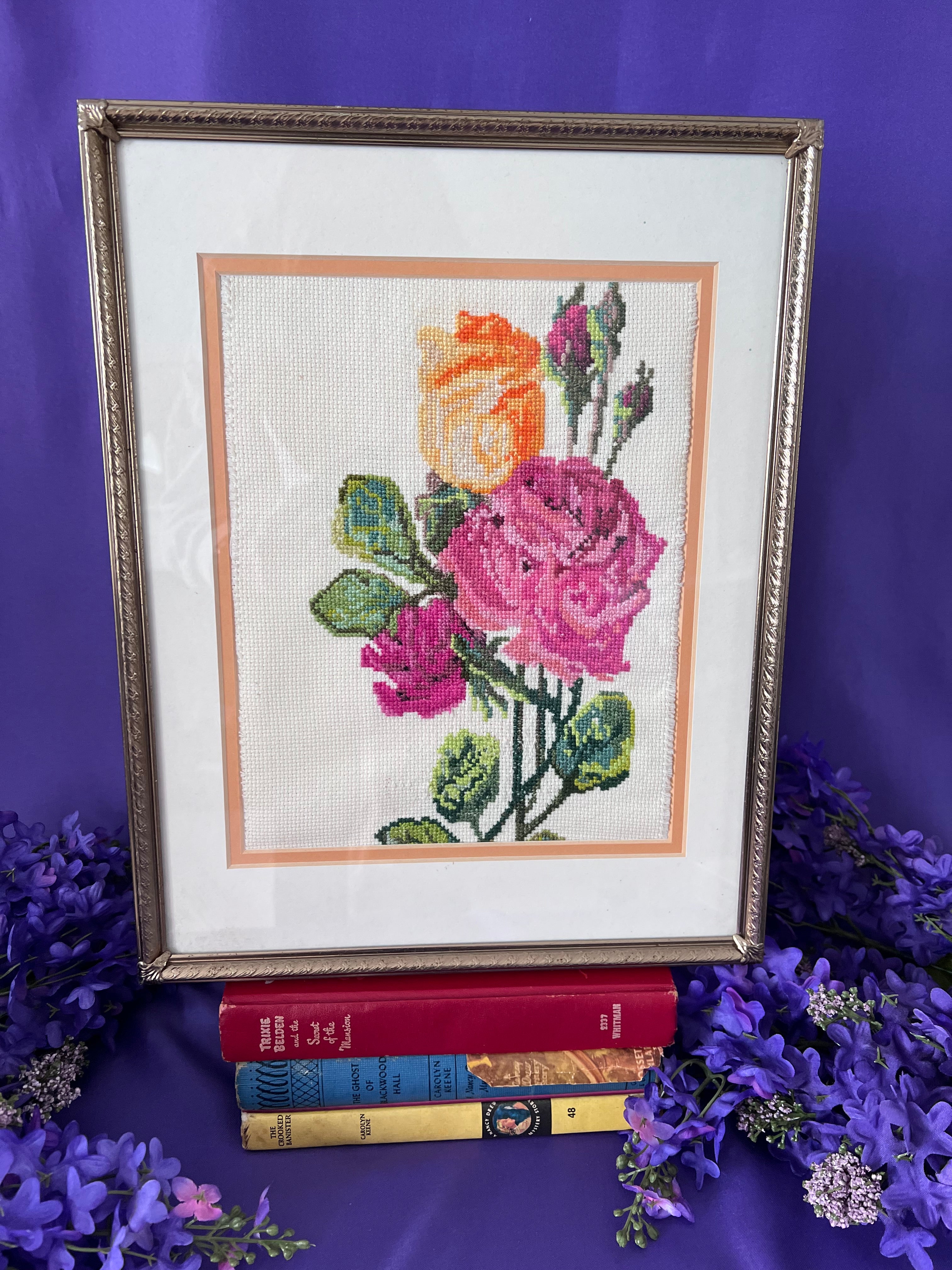 Vintage Framed Rose Cross-Stitch Needlework Art – Romantic Grandmillennial Floral Wall Hanging, Peach & Pink Roses in Gold Ornate Frame