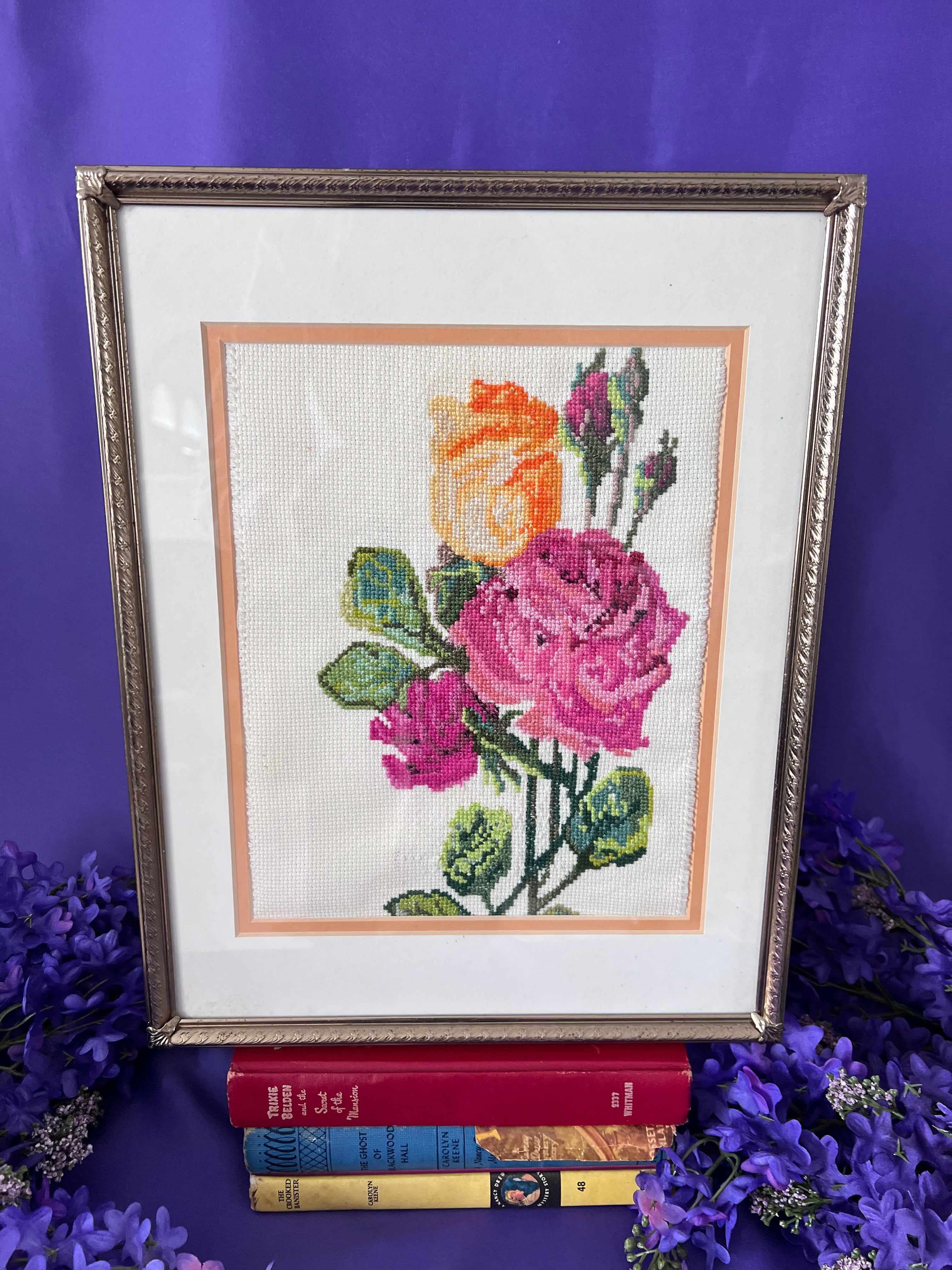 Vintage Framed Rose Cross-Stitch Needlework Art – Romantic Grandmillennial Floral Wall Hanging, Peach & Pink Roses in Gold Ornate Frame