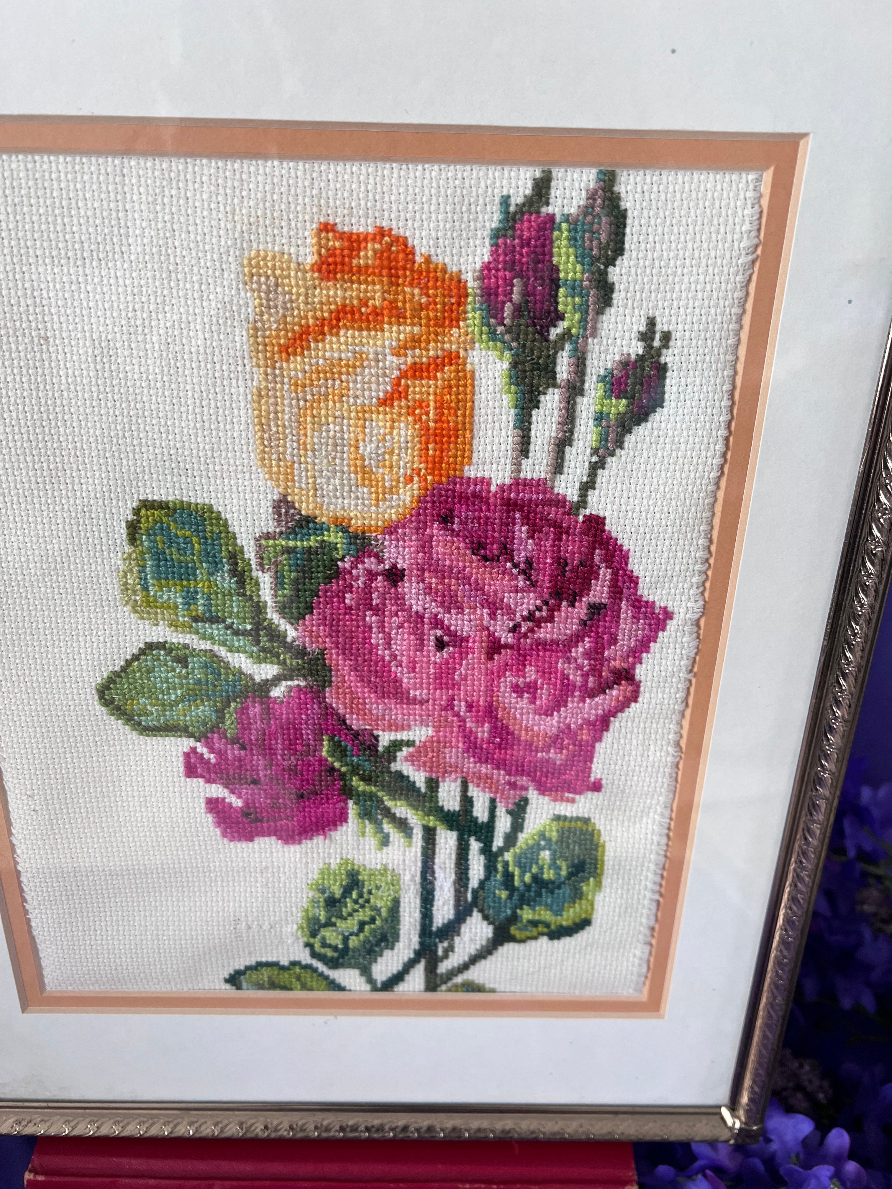 Vintage Framed Rose Cross-Stitch Needlework Art – Romantic Grandmillennial Floral Wall Hanging, Peach & Pink Roses in Gold Ornate Frame